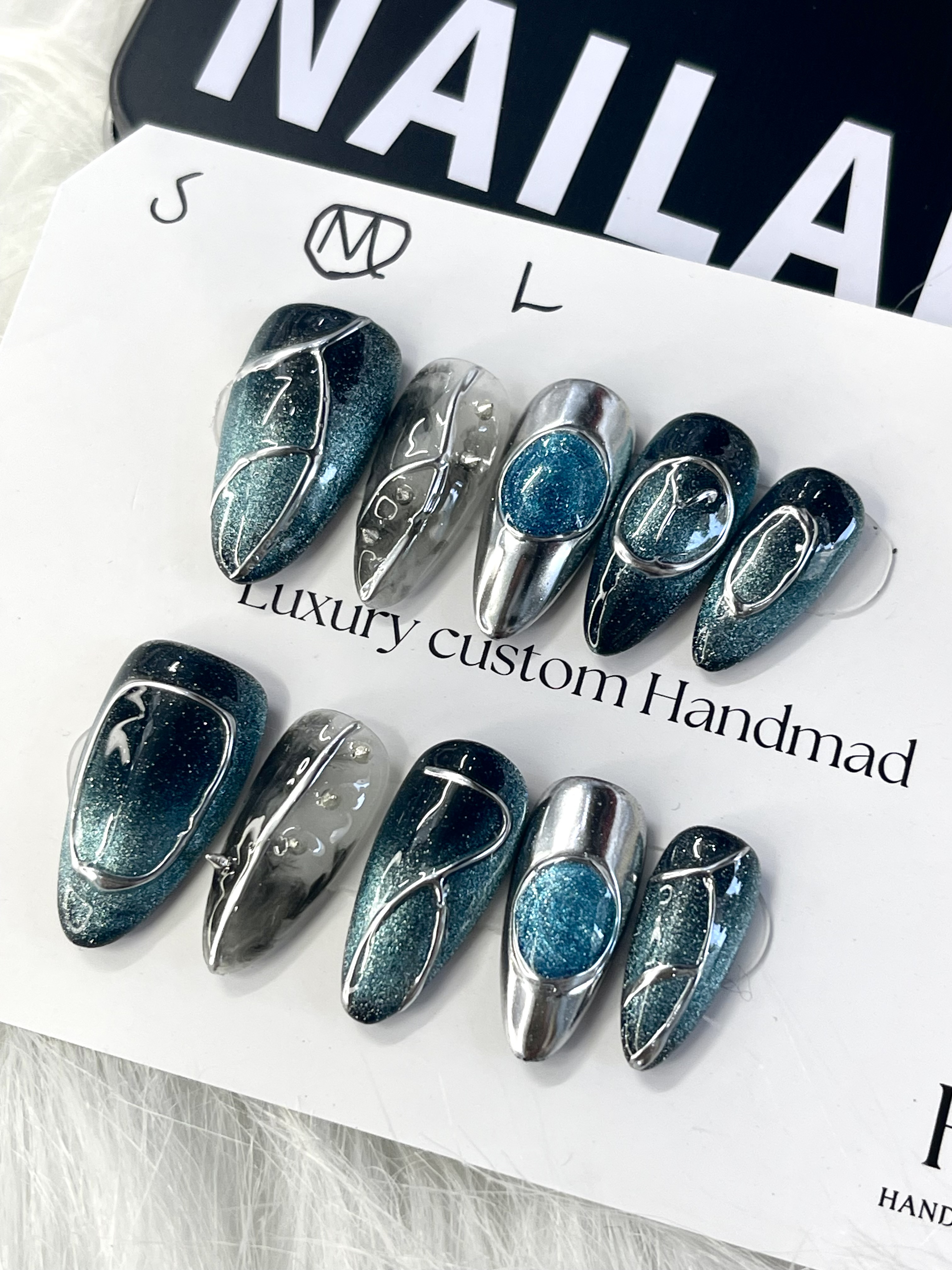 Galactic Stream | Chrome & Teal 3D Press-On Nails