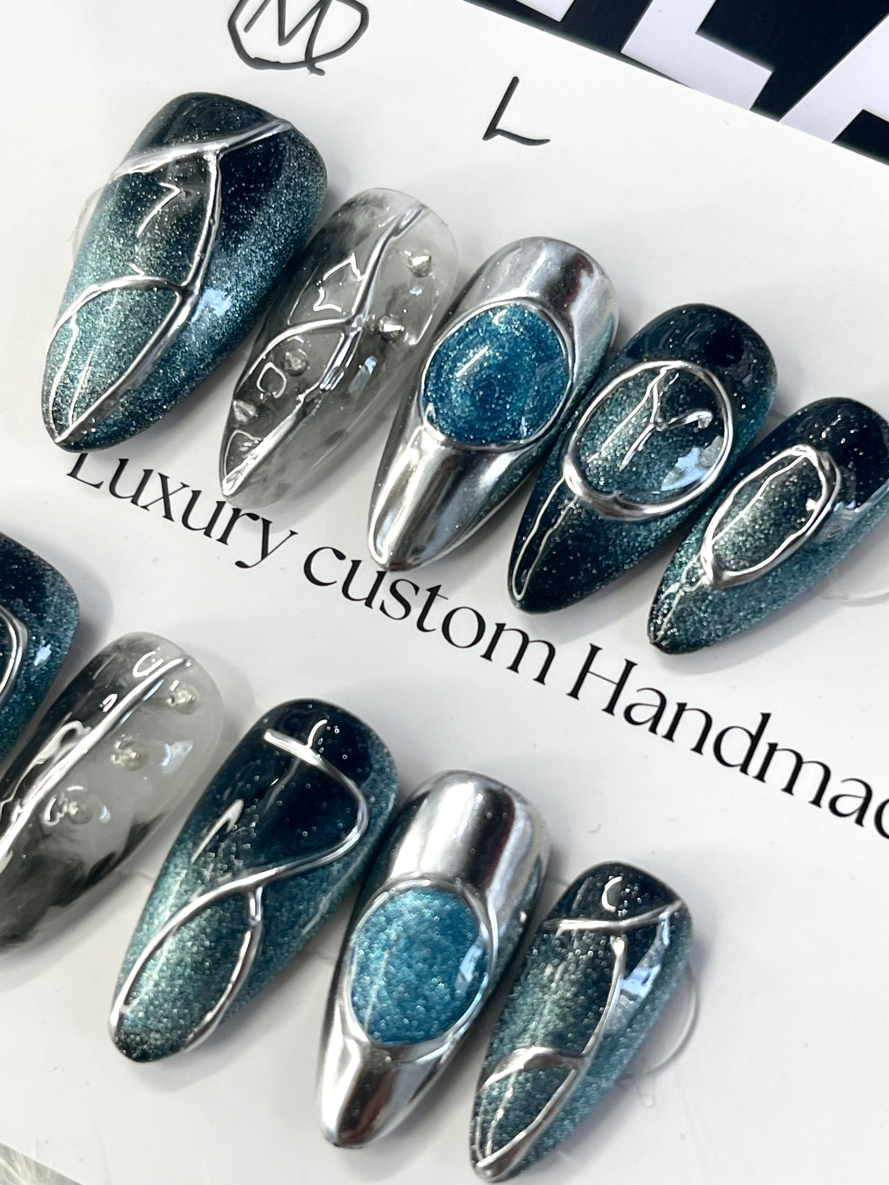 Galactic Stream | Chrome & Teal 3D Press-On Nails