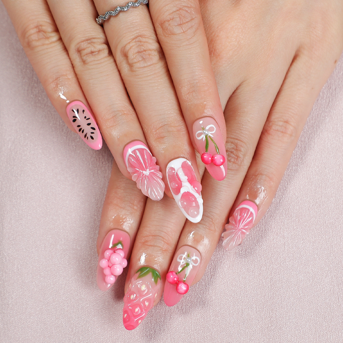  🍒 Cherry Kiss – Short Almond Press-On Nails