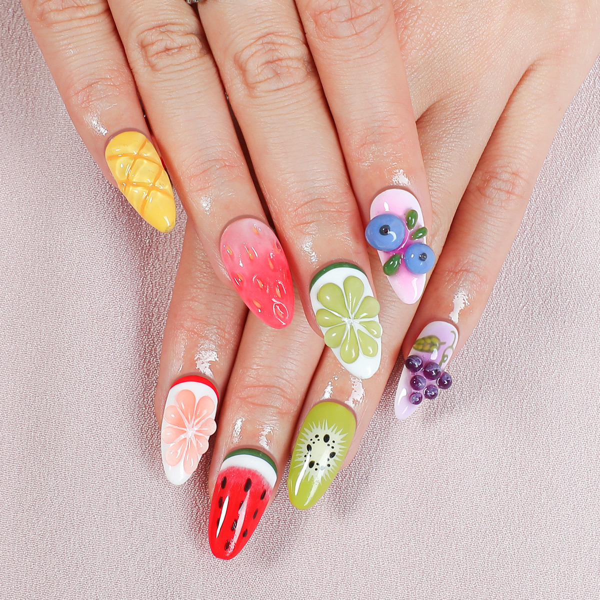 🍉 Fruit Pop – 3D Short Almond Press-On Nails
