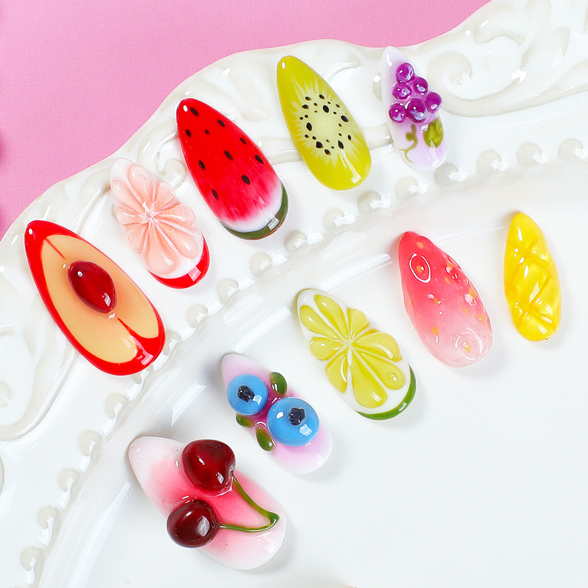 🍉 Fruit Pop – 3D Short Almond Press-On Nails