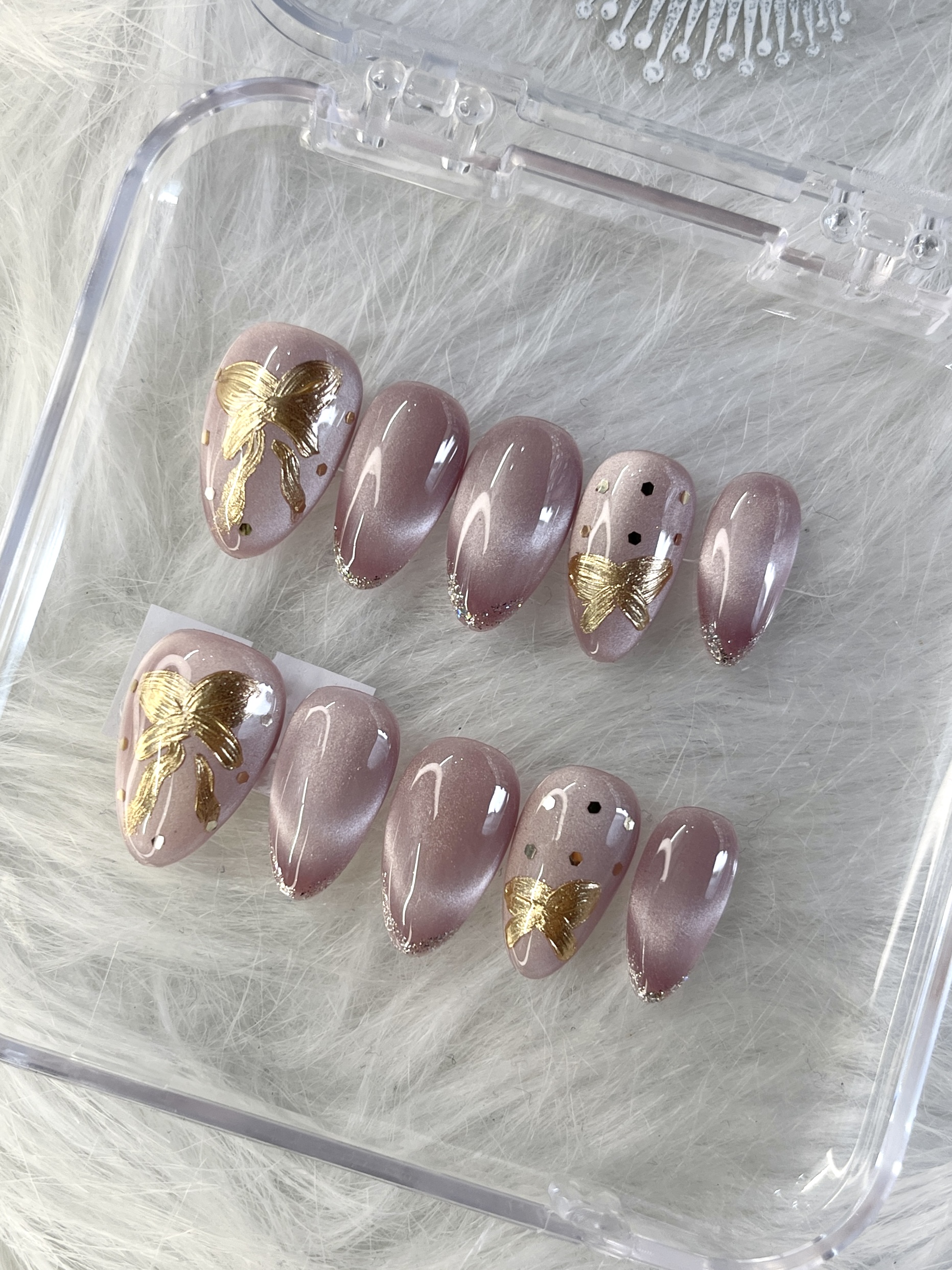 Champagne Flutter – Press-On Nails with Gold Butterfly Accents