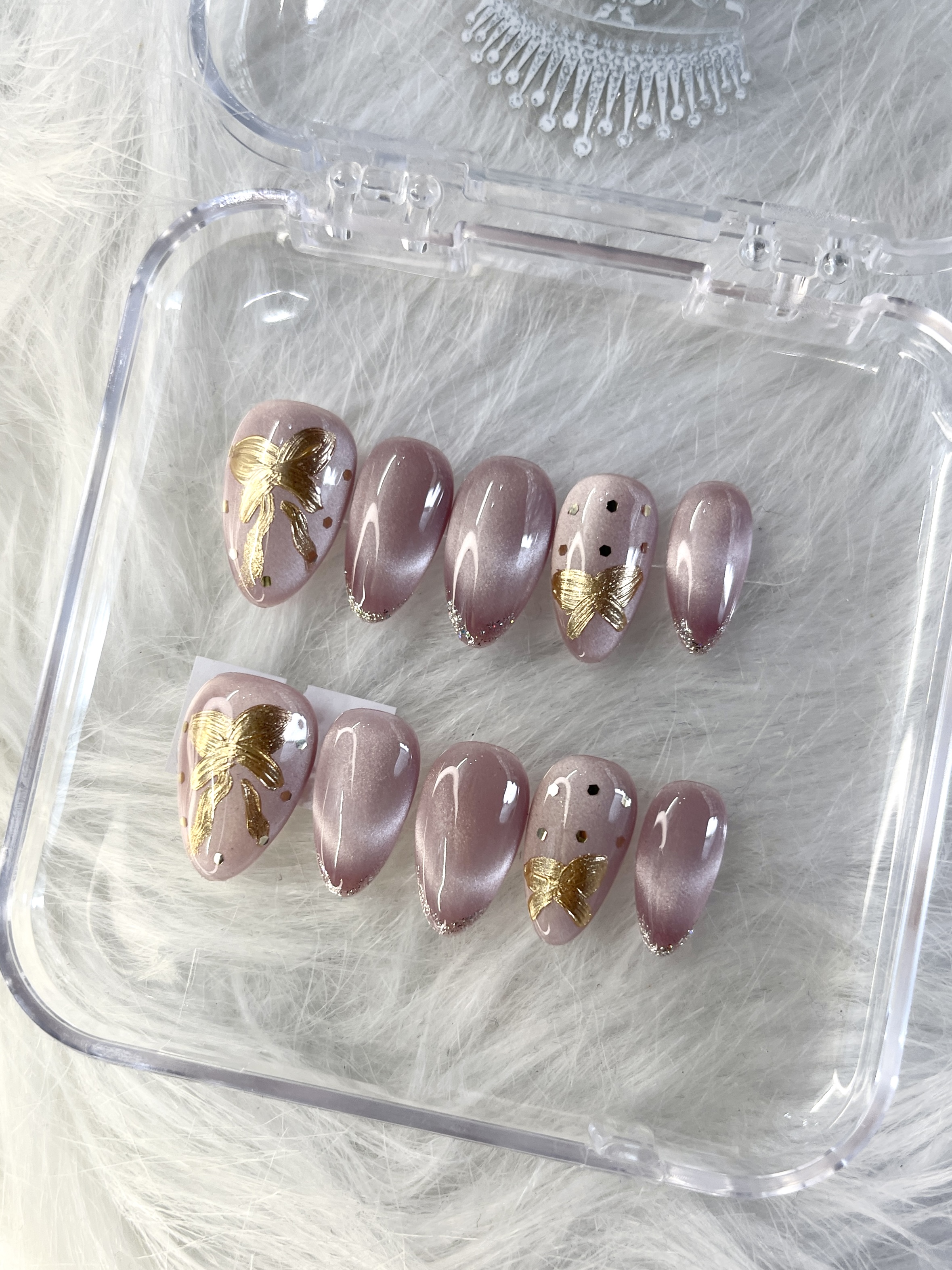 Champagne Flutter – Press-On Nails with Gold Butterfly Accents