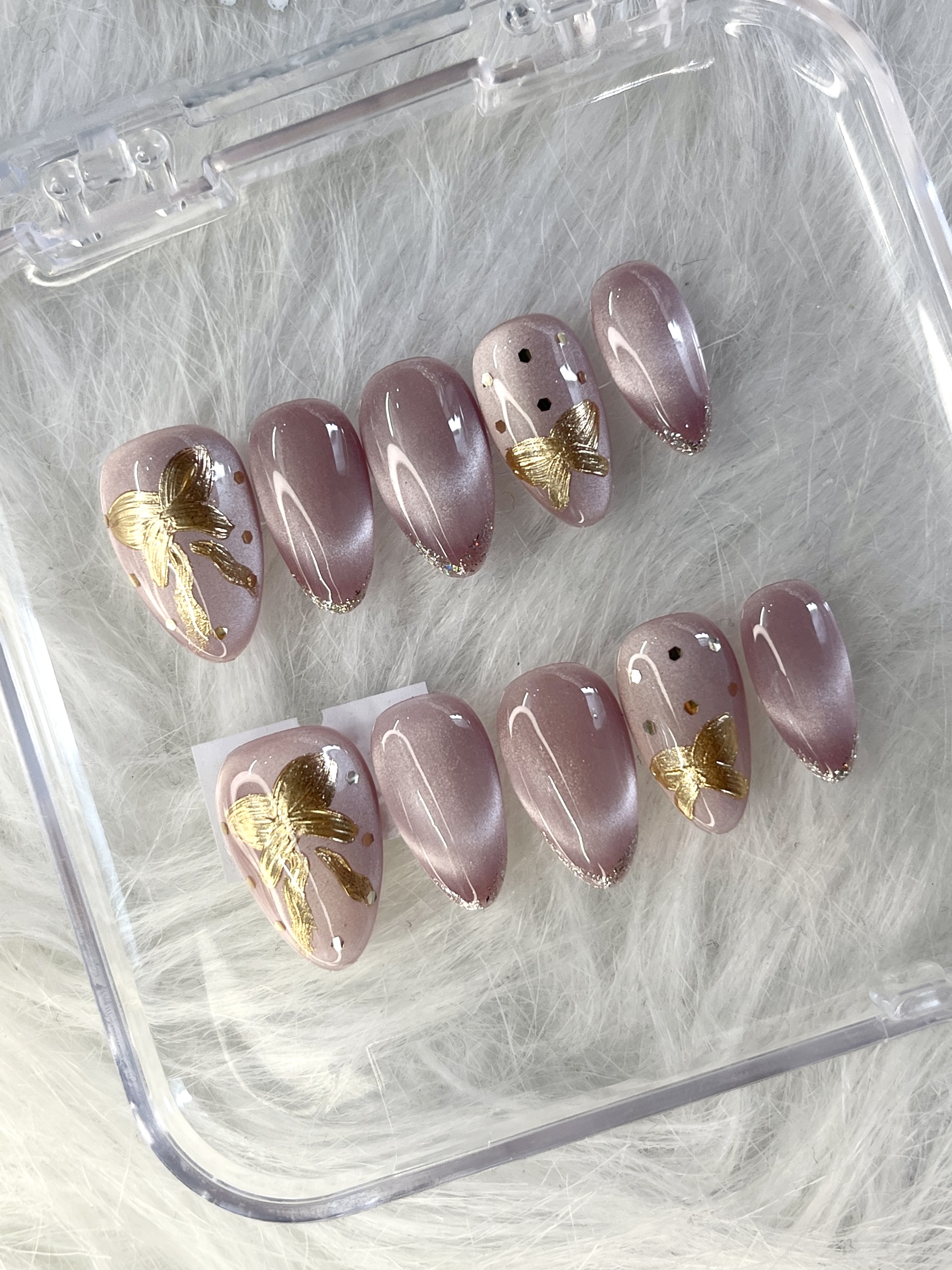 Champagne Flutter – Press-On Nails with Gold Butterfly Accents