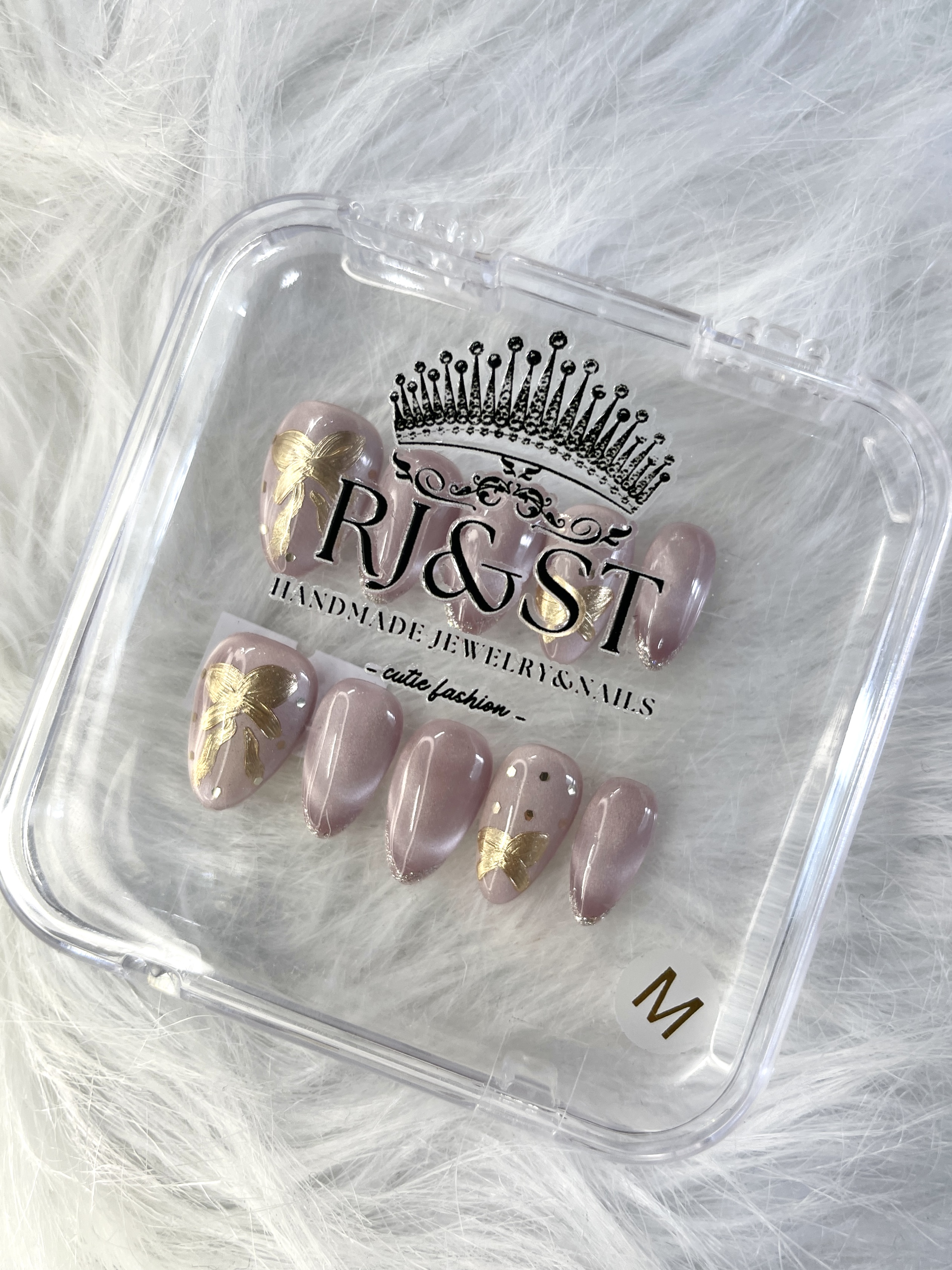 Champagne Flutter – Press-On Nails with Gold Butterfly Accents