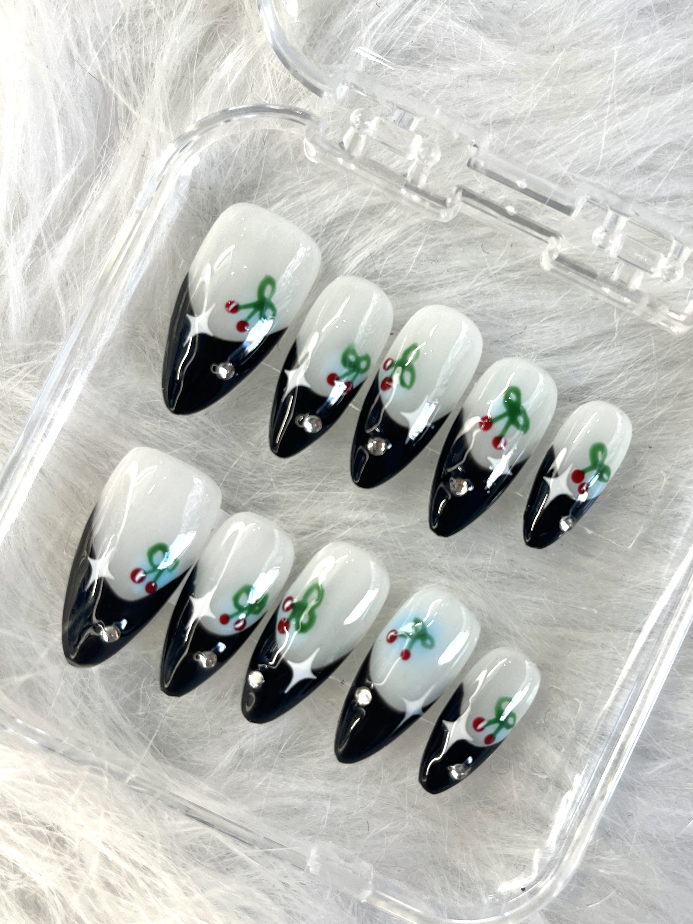 Cherry Pop – Press-On Nails with Glossy Black Tips & Crystal Accents