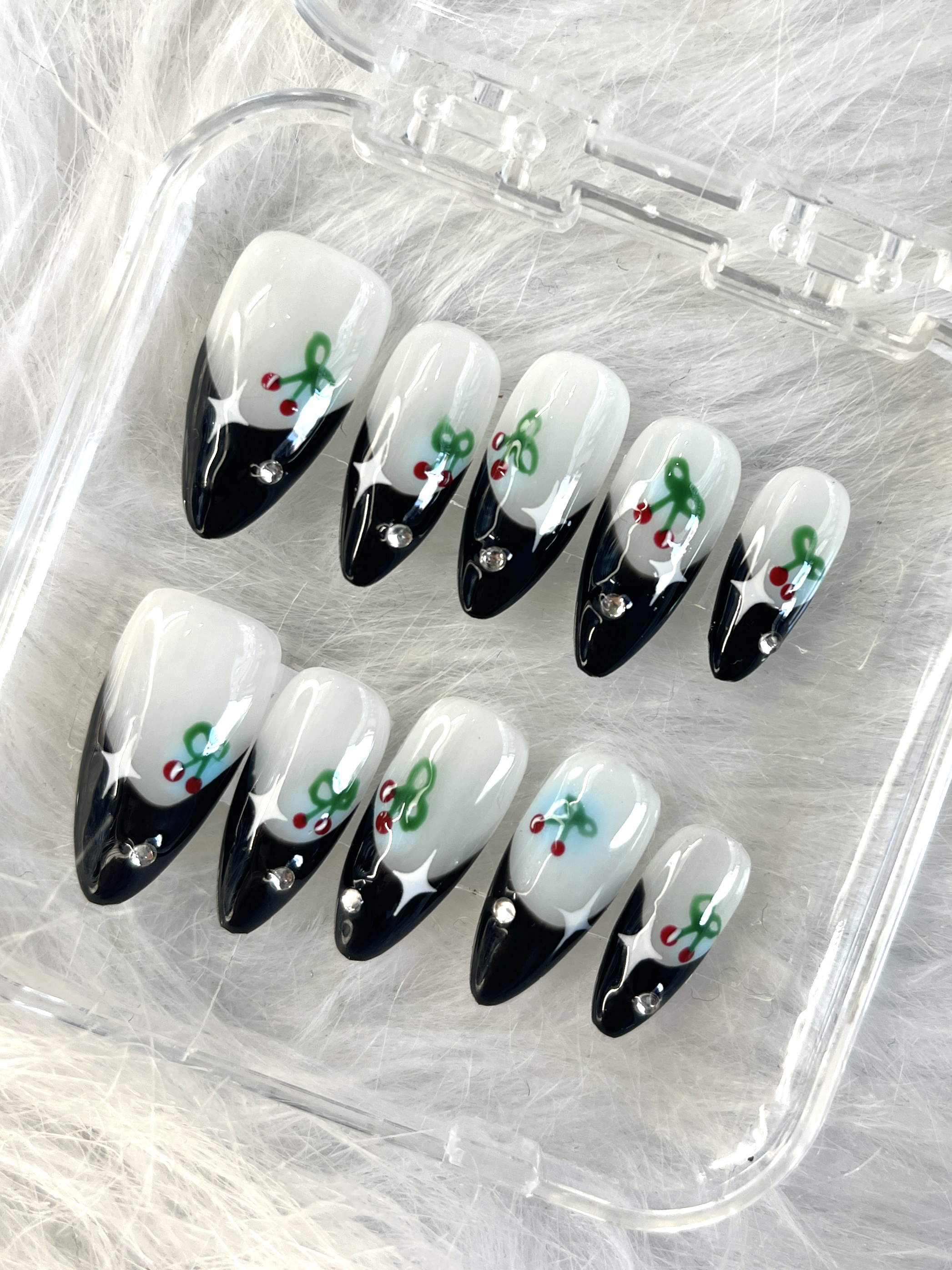 Cherry Pop – Press-On Nails with Glossy Black Tips & Crystal Accents