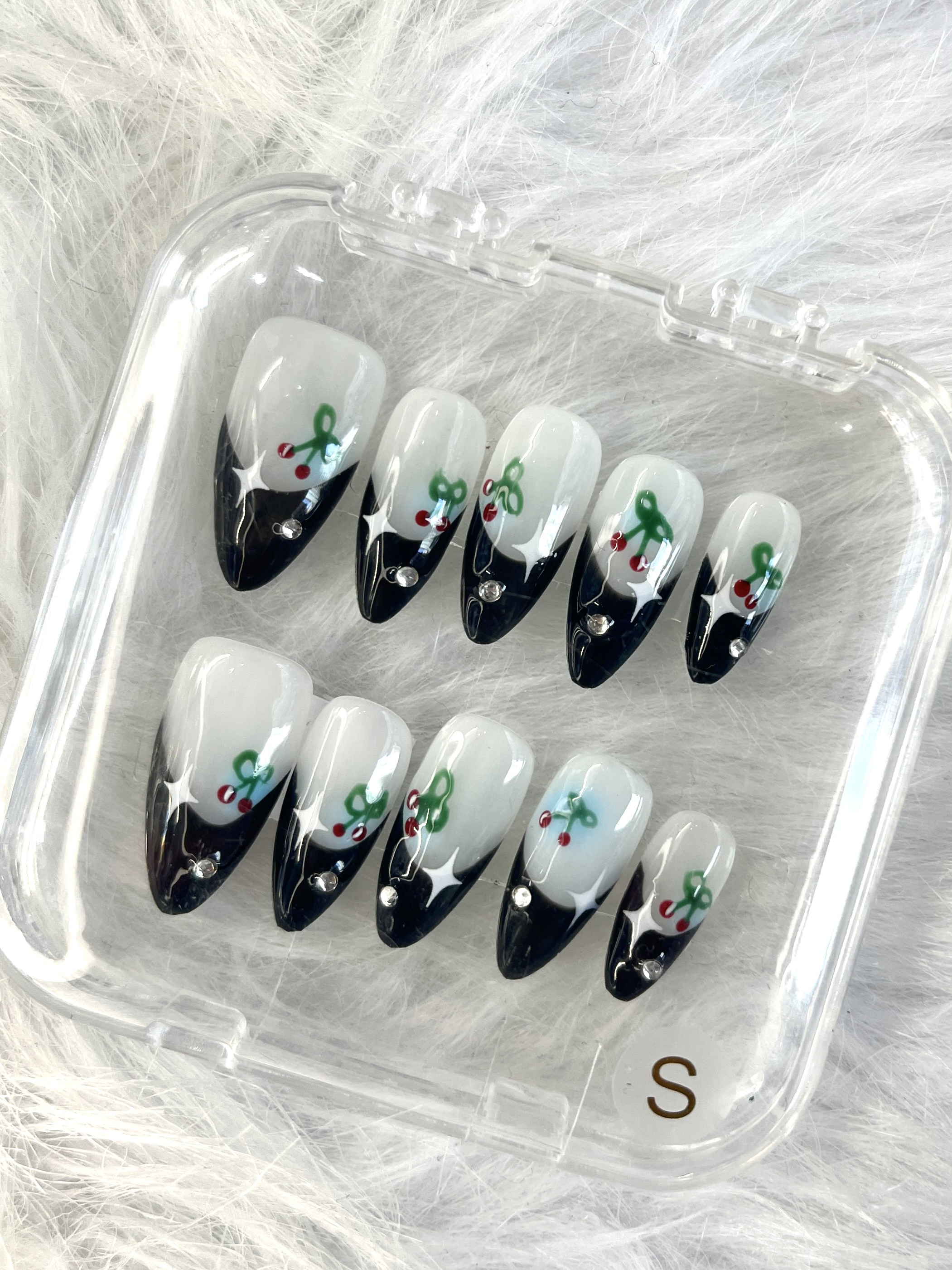 Cherry Pop – Press-On Nails with Glossy Black Tips & Crystal Accents