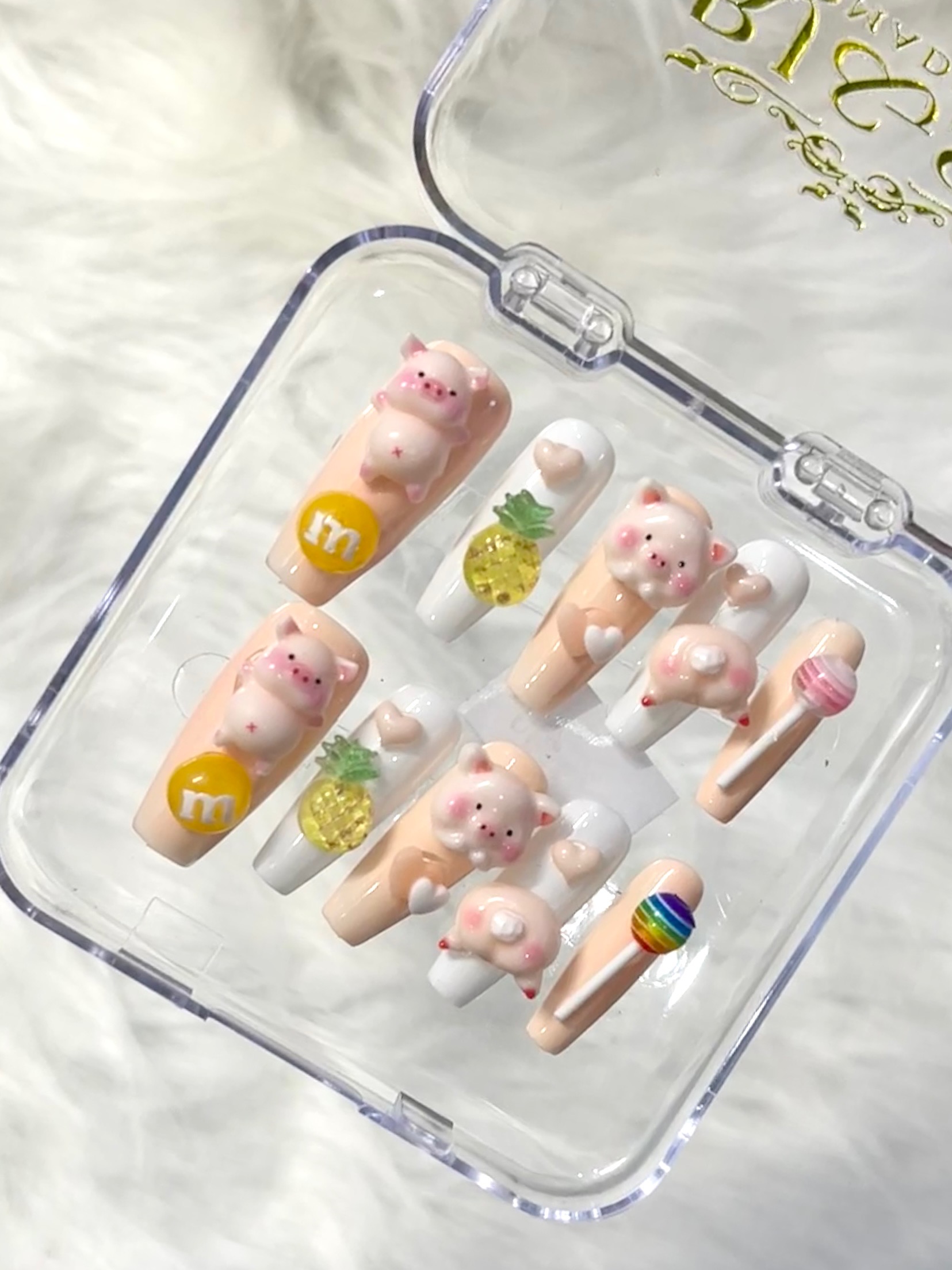 Tropical Piggy Handmade press on nails -Long Square Shape