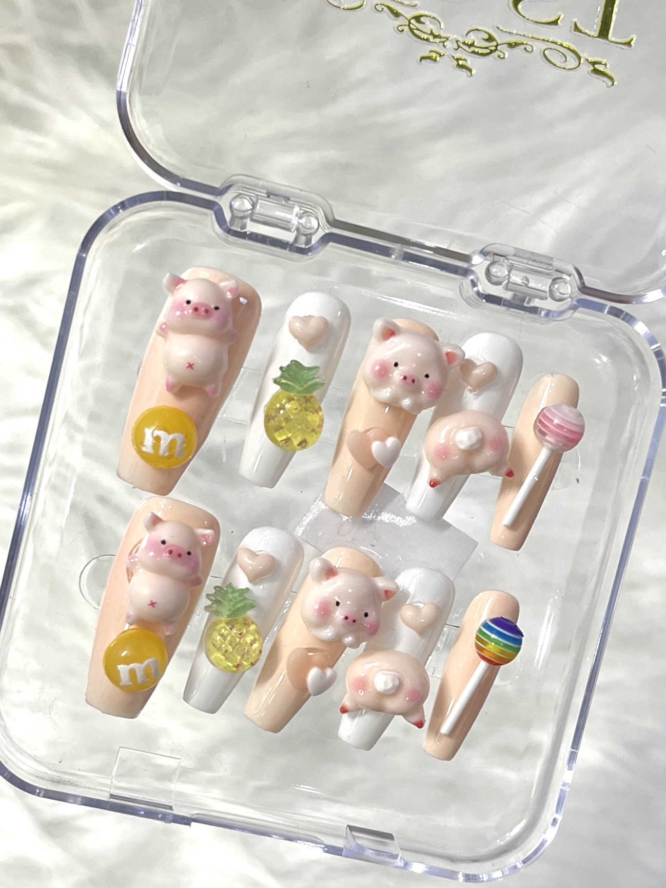 Tropical Piggy Handmade press on nails -Long Square Shape
