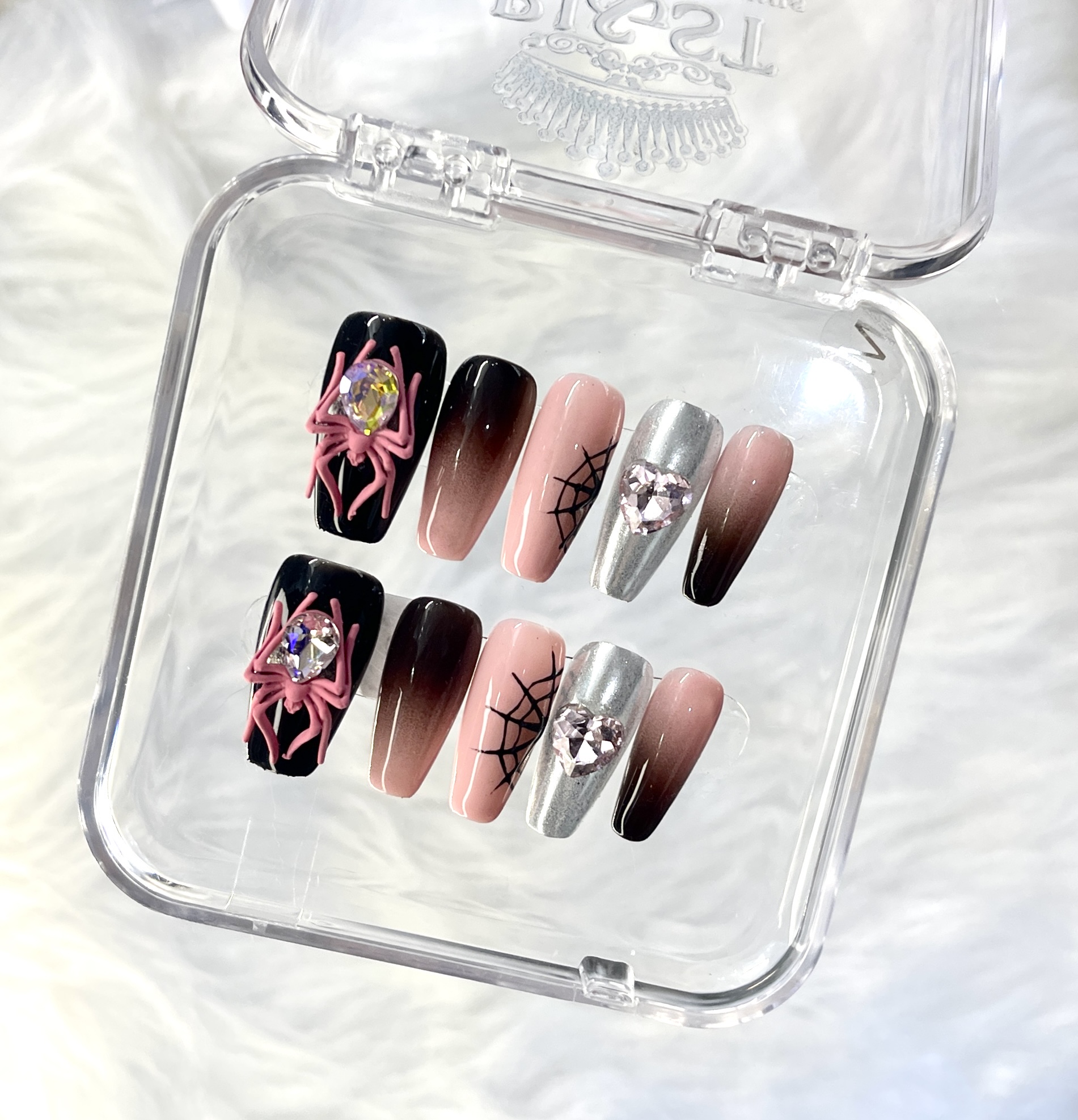 Pink & Black Gradient Spider Handmade Press On Nails — Stylish Medium Rectangle Press On Nails