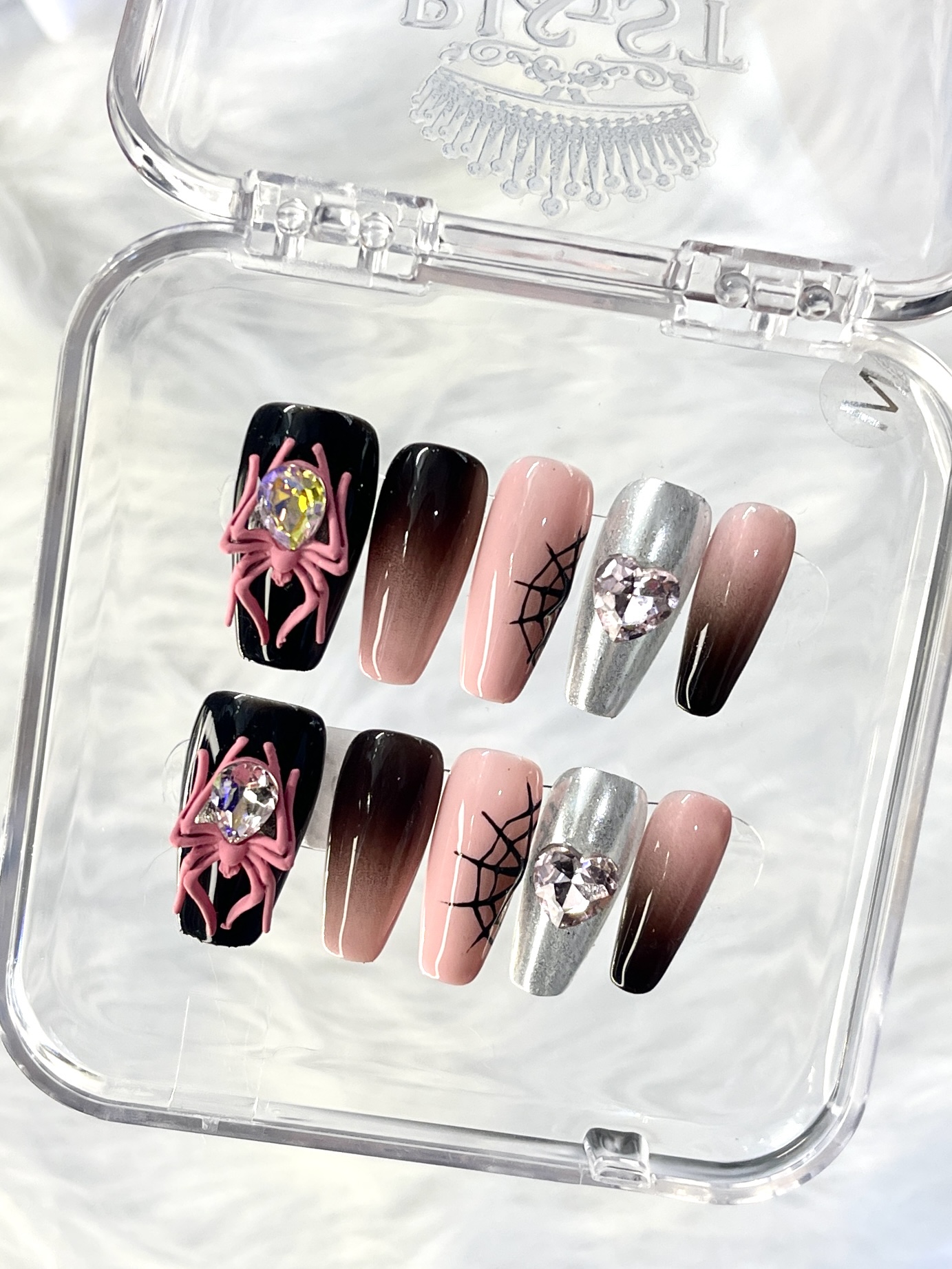 Pink & Black Gradient Spider Handmade Press On Nails — Stylish Medium Rectangle Press On Nails