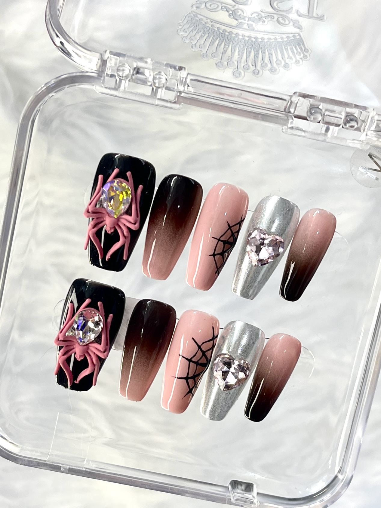 Pink & Black Gradient Spider Handmade Press On Nails — Stylish Medium Rectangle Press On Nails