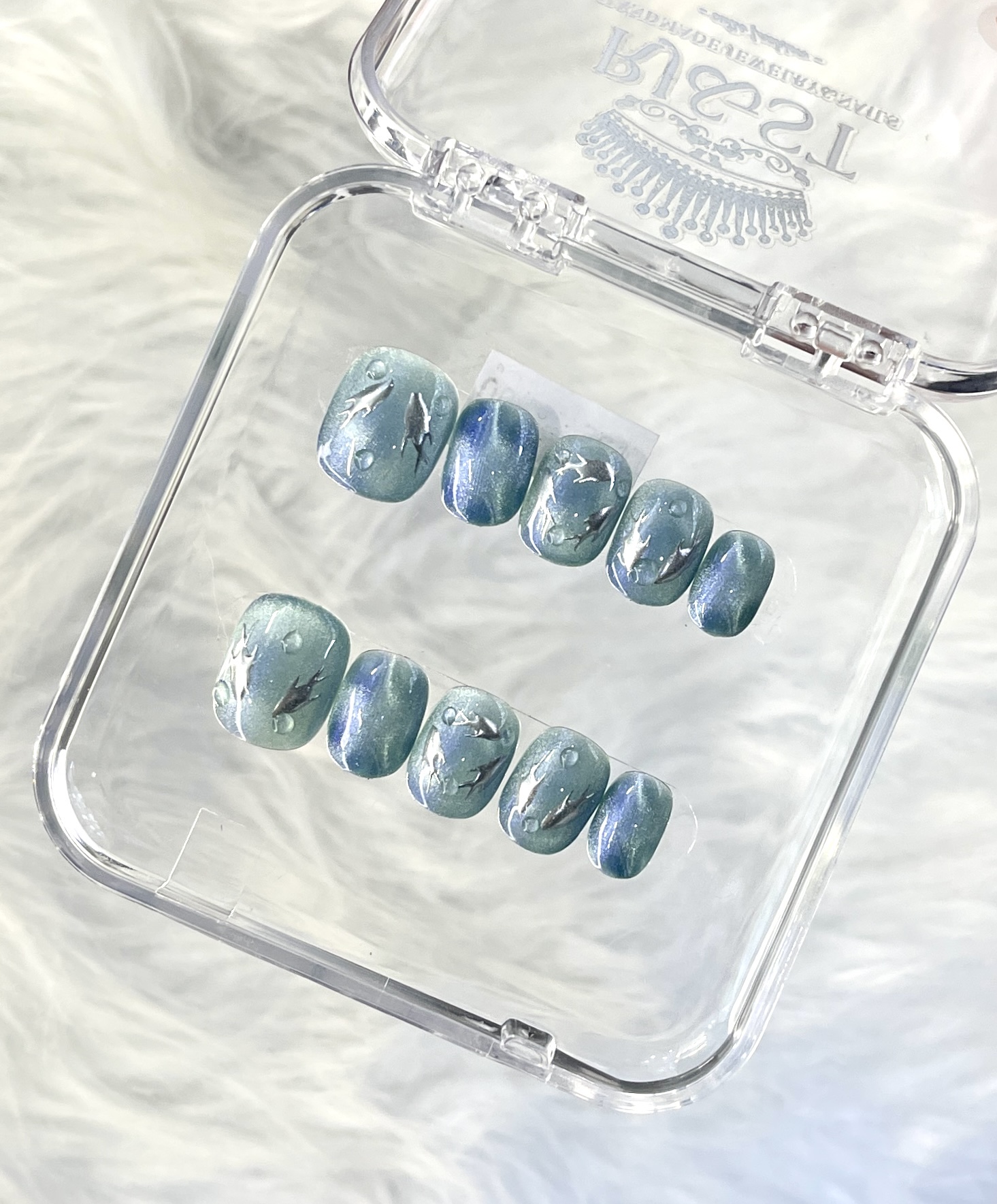 Light Blue Gradient Fish Handmade Press On Nails — Fresh Short Squoval Press On Nails