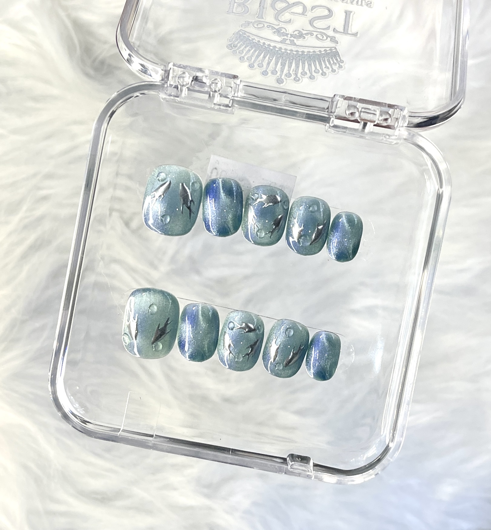 Light Blue Gradient Fish Handmade Press On Nails — Fresh Short Squoval Press On Nails