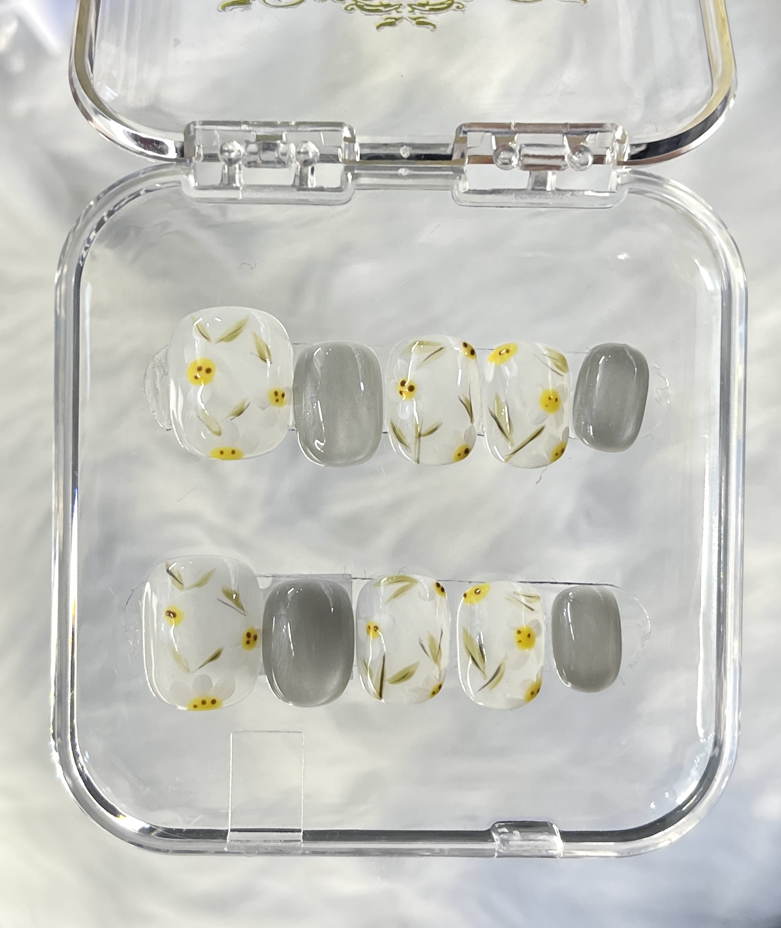 Spring Color Block Beige & Gray Handmade Press On Nails — Fresh Short Squoval Press On Nails