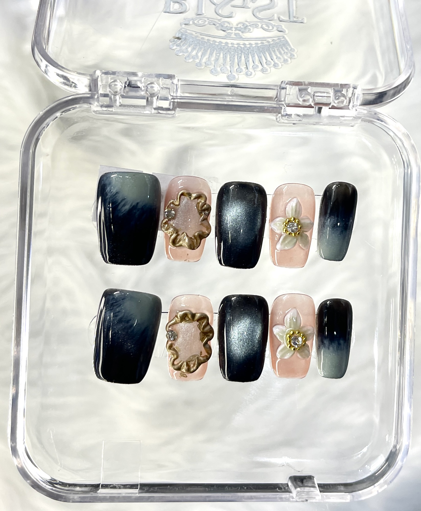 Ink & Gold Black and White Handmade Press On Nails — Vintage Medium Rectangle Press On Nails