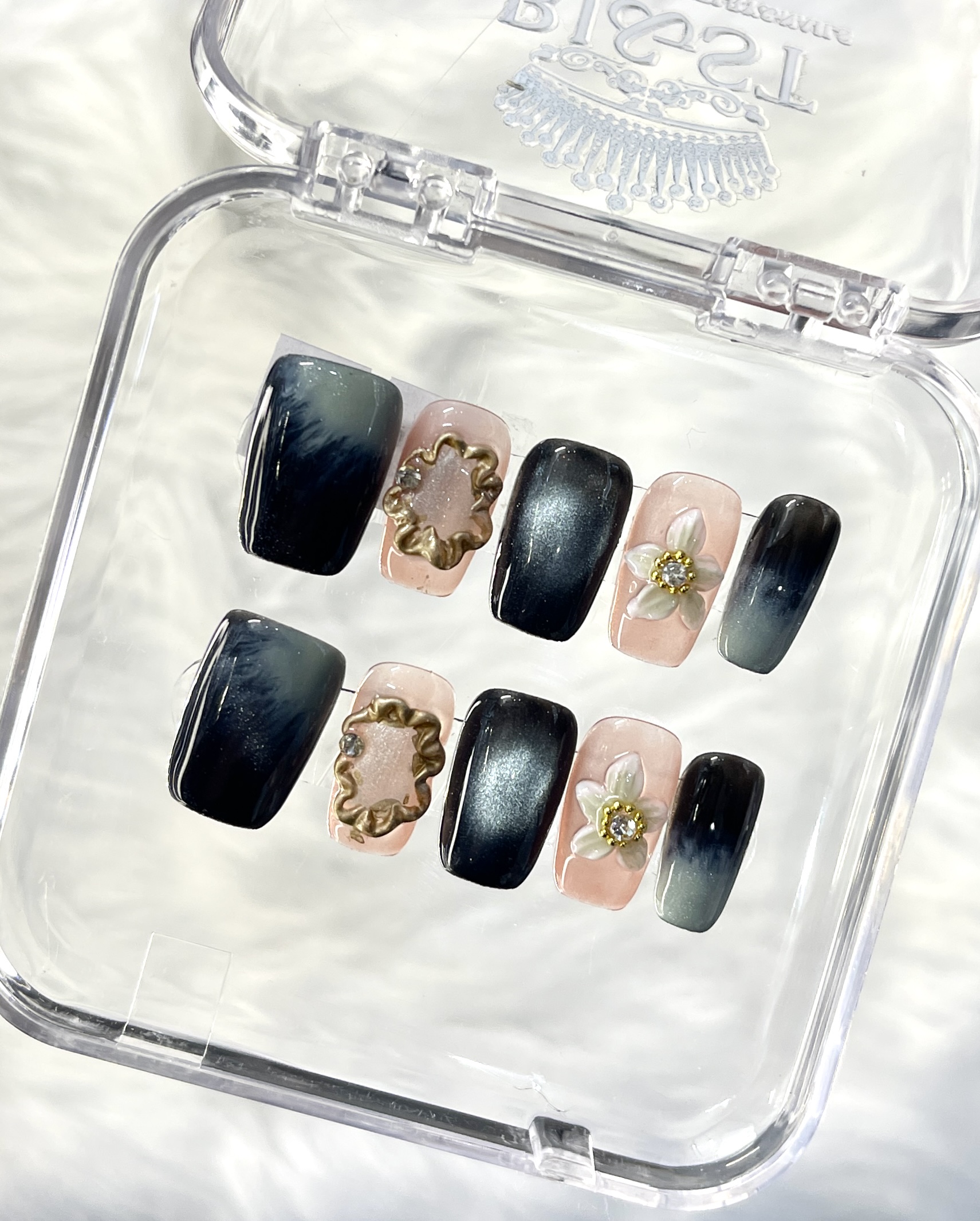 Ink & Gold Black and White Handmade Press On Nails — Vintage Medium Rectangle Press On Nails
