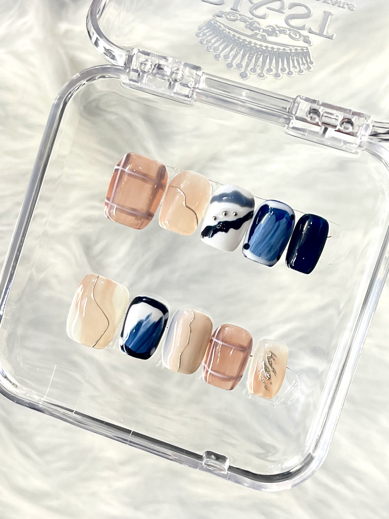 Artistic Blue & Pink Color Block Handmade Press On Nails — Soft Short Square Press On Nails
