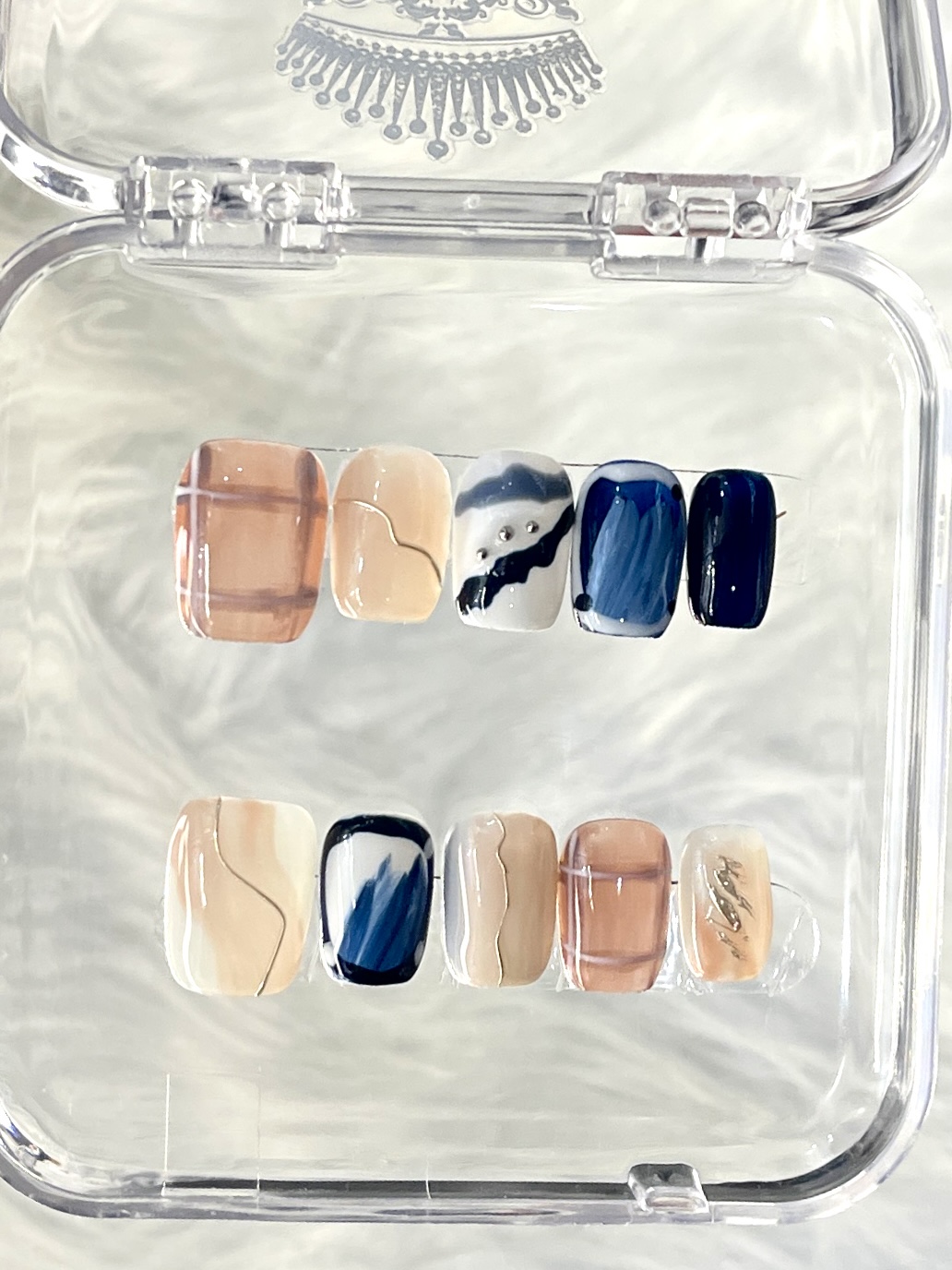 Artistic Blue & Pink Color Block Handmade Press On Nails — Soft Short Square Press On Nails