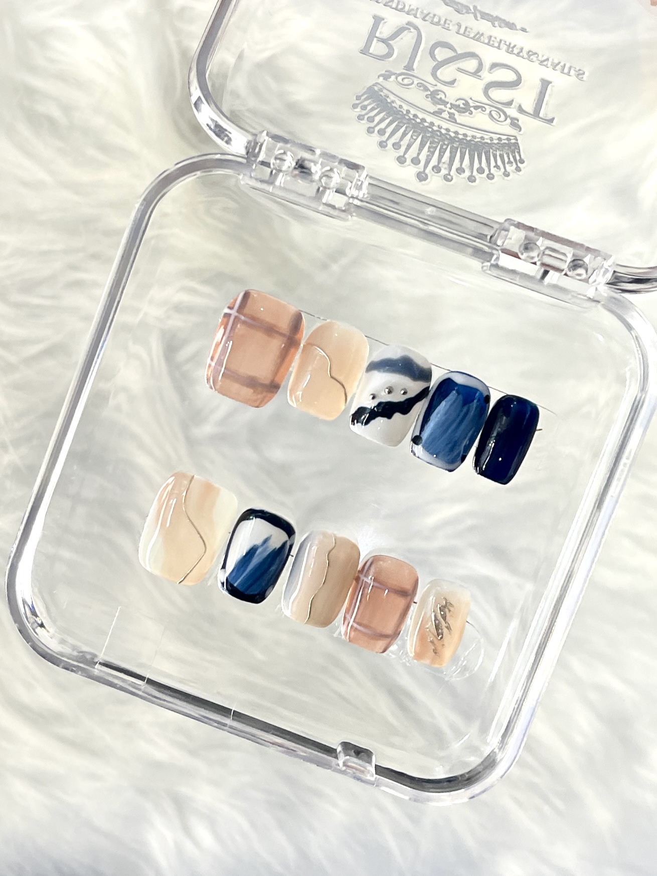 Artistic Blue & Pink Color Block Handmade Press On Nails — Soft Short Square Press On Nails