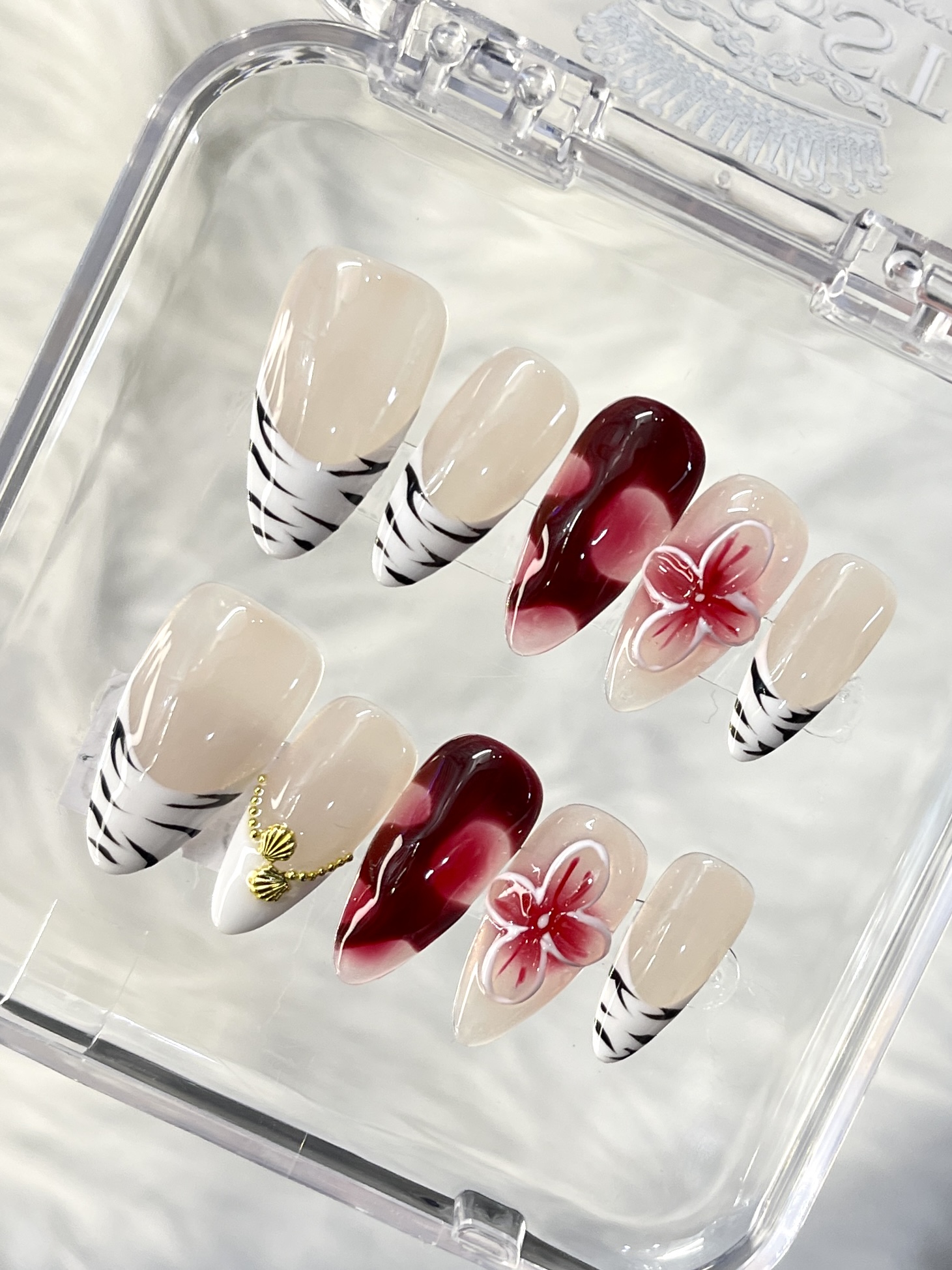 Leopard French with Red 3D Floral Handmade Press On Nails — Bold Short Almond Press On Nails
