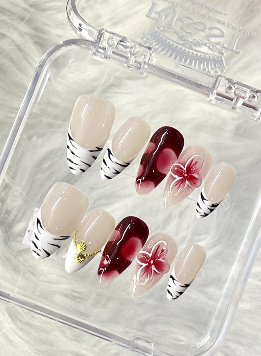 Leopard French with Red 3D Floral Handmade Press On Nails — Bold Short Almond Press On Nails