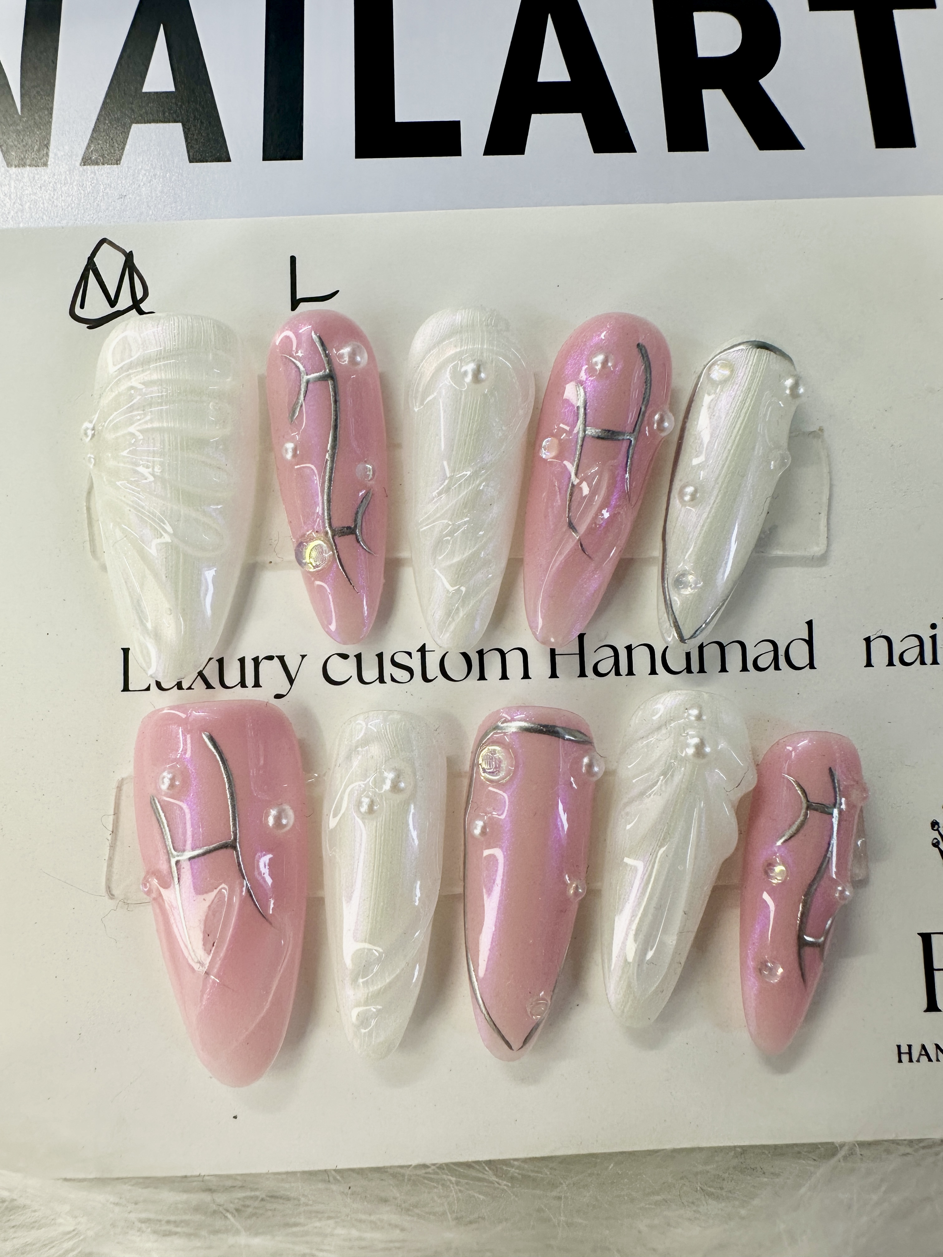 Blush Pearl Twine – Pink & White Press-On Nails with Crystal Accents