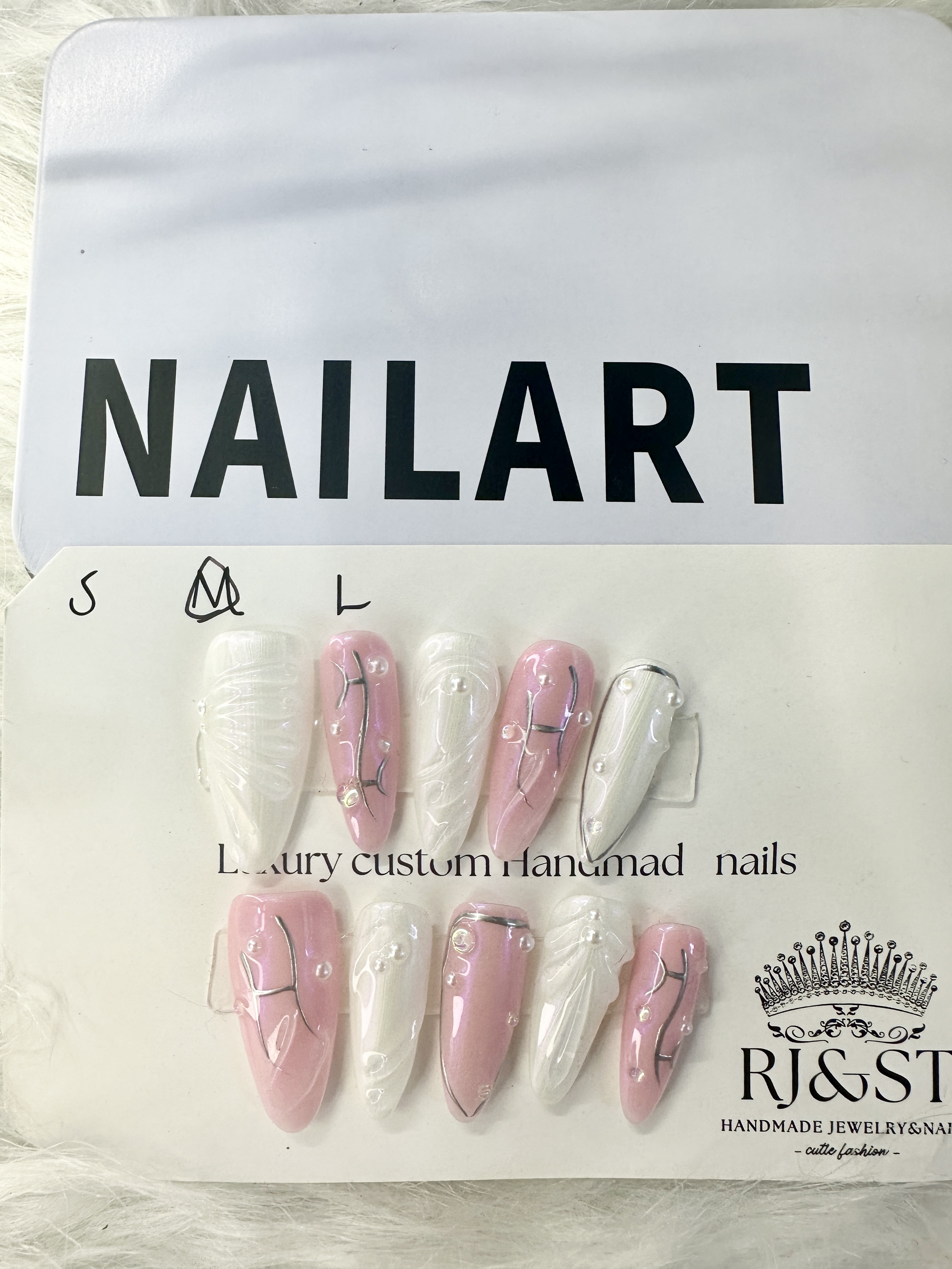 Blush Pearl Twine – Pink & White Press-On Nails with Crystal Accents