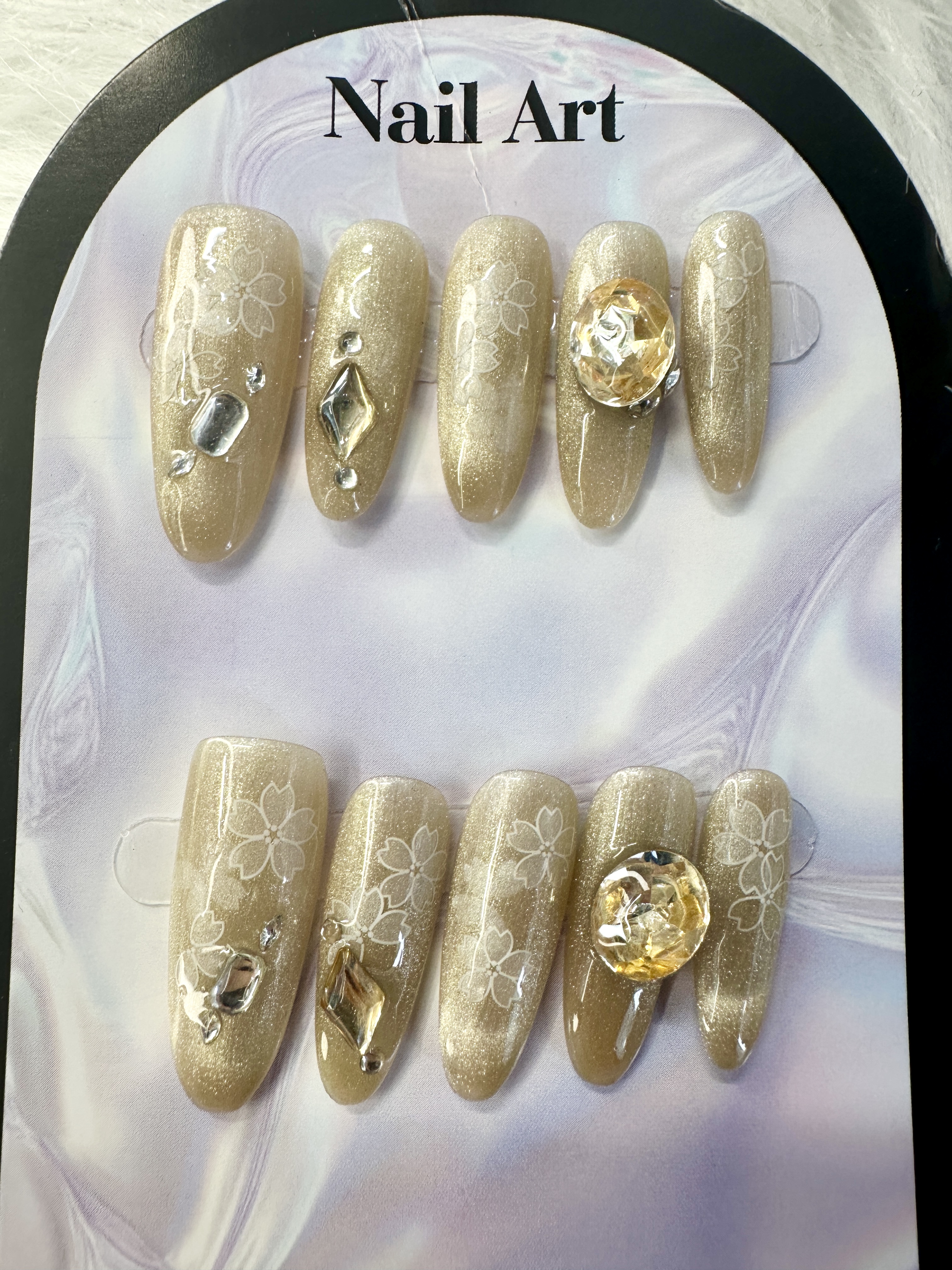 Morning Bloom Press-On Nails — Hand-Painted Flowers with Yellow Gem (Medium Oval)