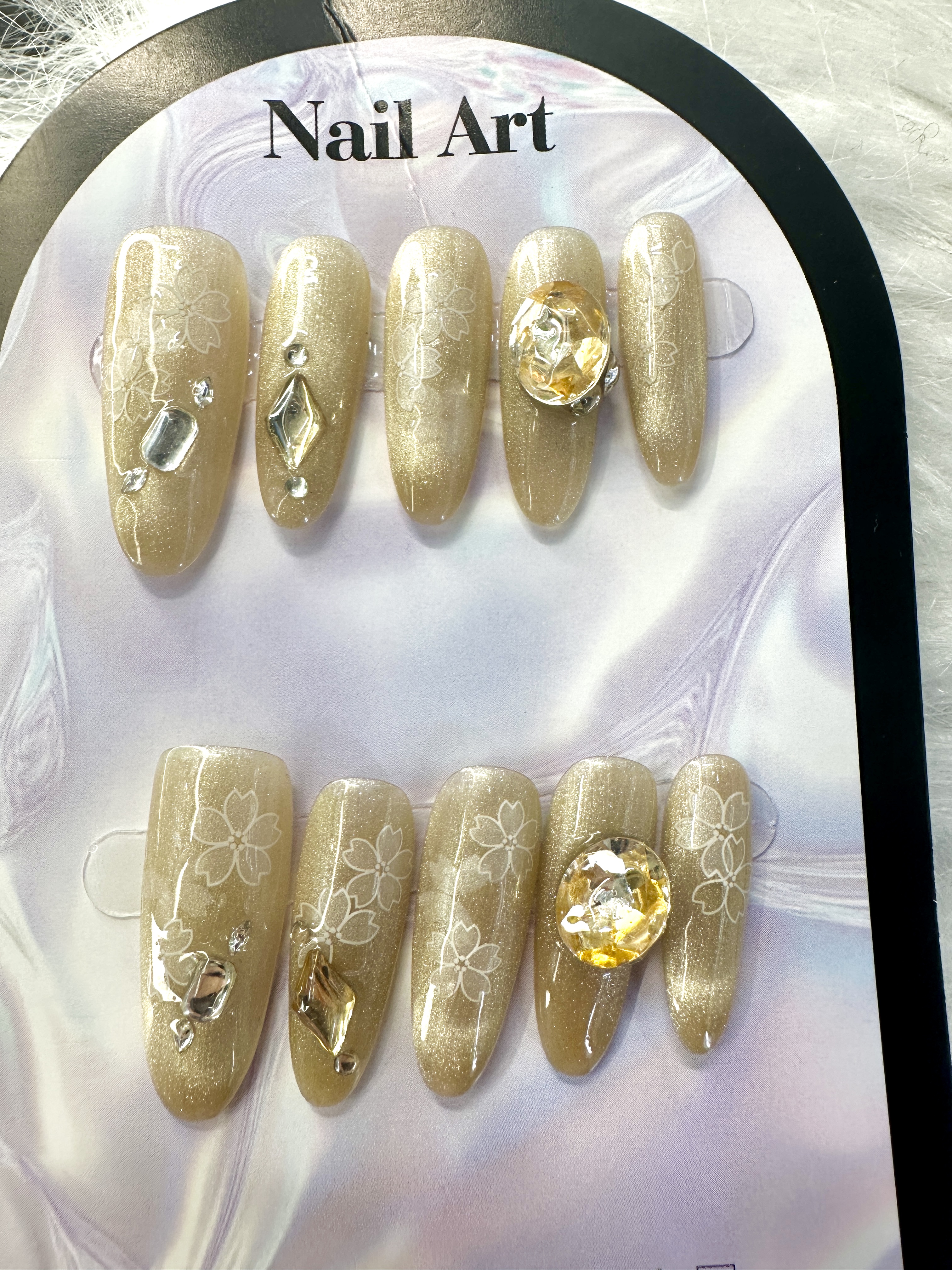 Morning Bloom Press-On Nails — Hand-Painted Flowers with Yellow Gem (Medium Oval)