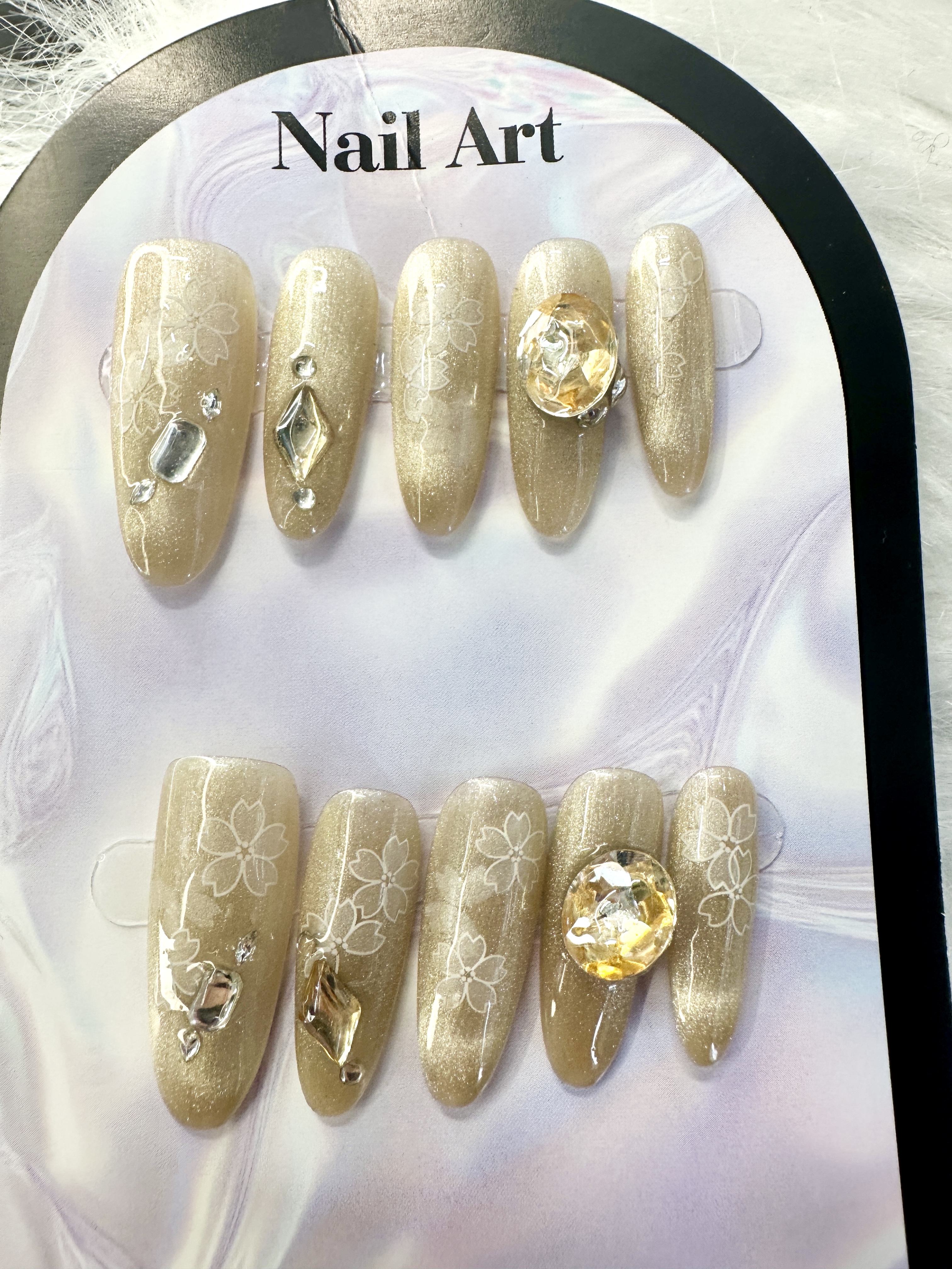 Morning Bloom Press-On Nails — Hand-Painted Flowers with Yellow Gem (Medium Oval)
