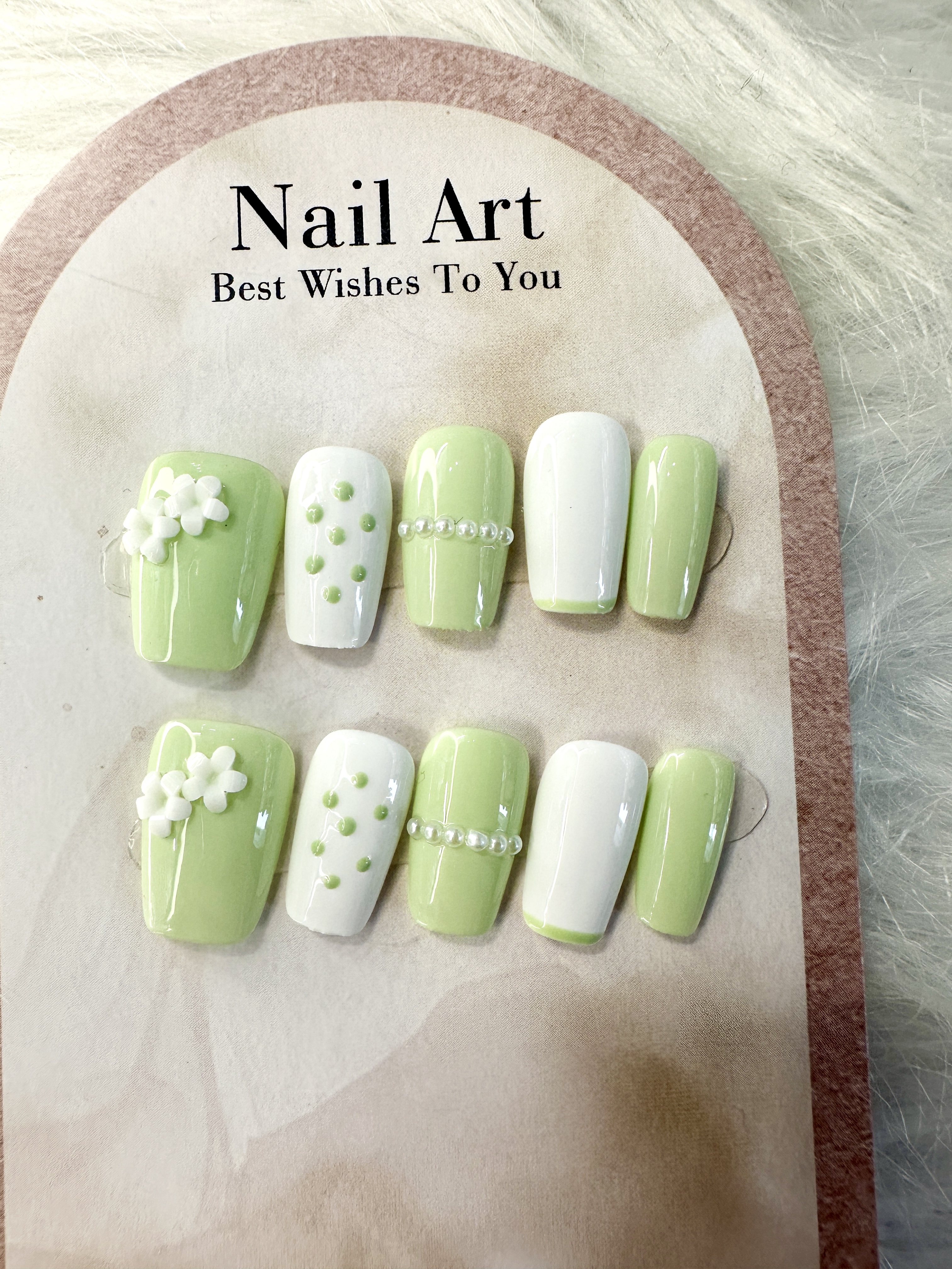 Spring Awakening Press-On Nails — Light Green with 3D Florals (Short Square)