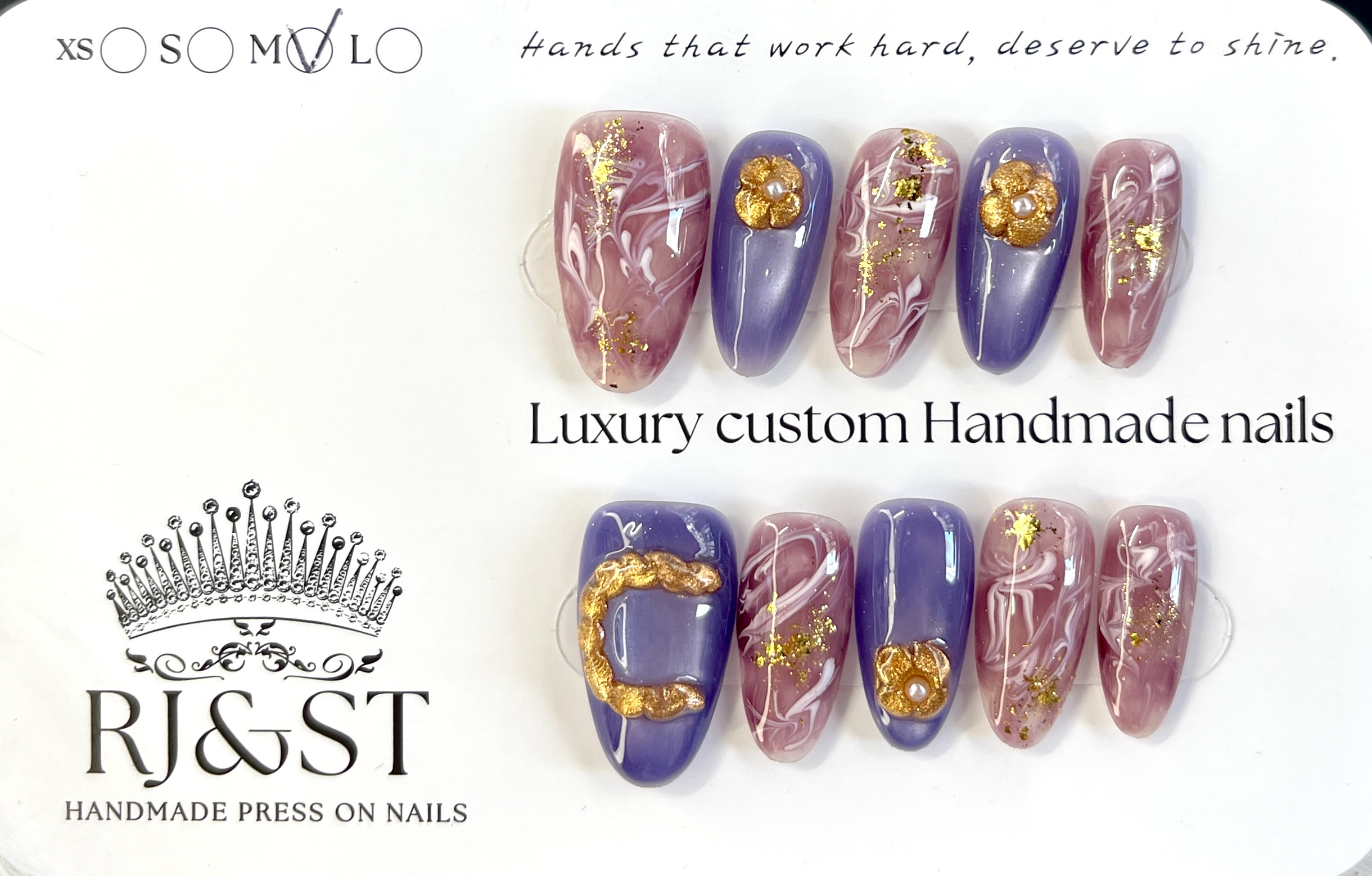 Twilight Memory — Purple-Pink Marble with Gold Accents (Medium Oval Press-On Nails)