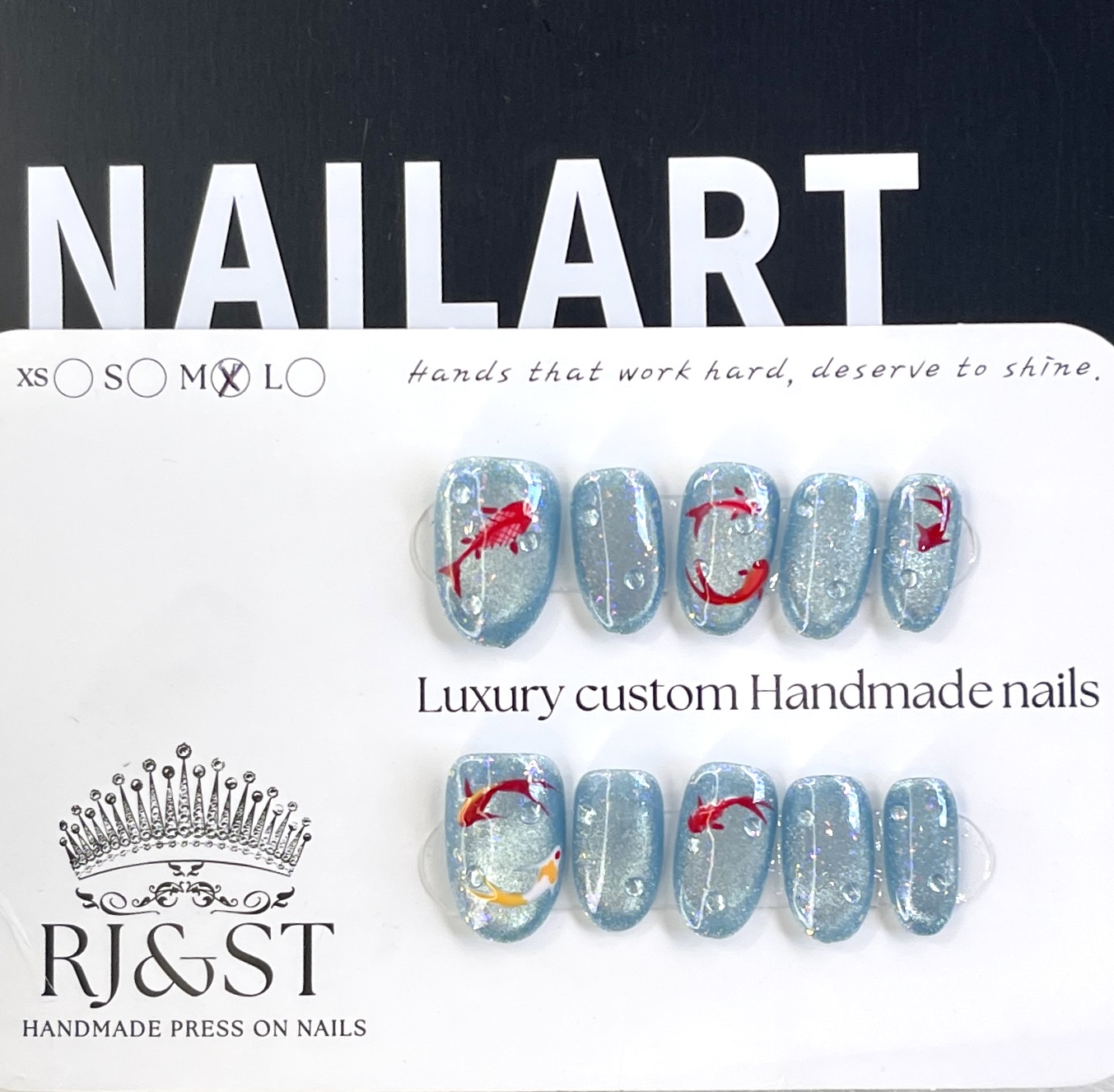 Aquarium Reverie — Red Goldfish on Blue Cat Eye (Short Oval Press-On Nails)