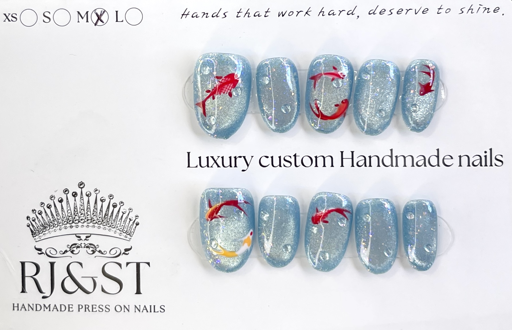Aquarium Reverie — Red Goldfish on Blue Cat Eye (Short Oval Press-On Nails)