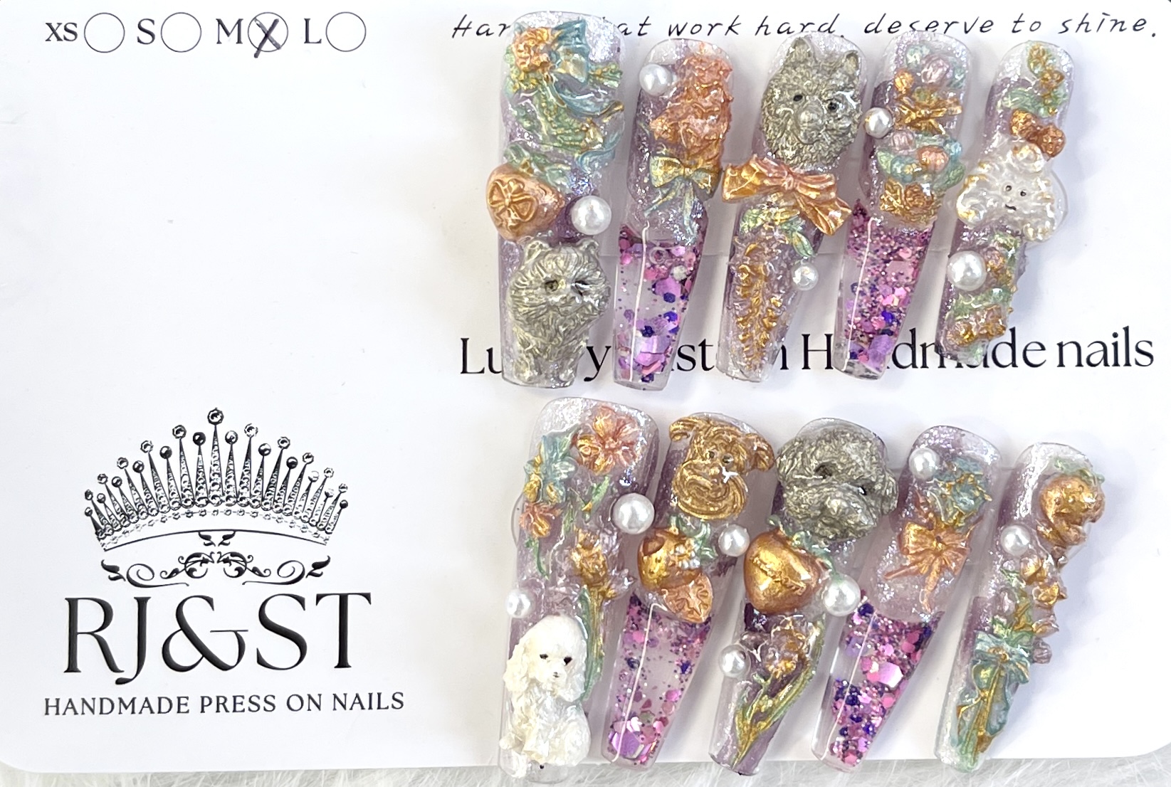 Pawtales in Lilac — 3D Puppy & Liquid Glitter Press-On Nails (Medium-Long Square)