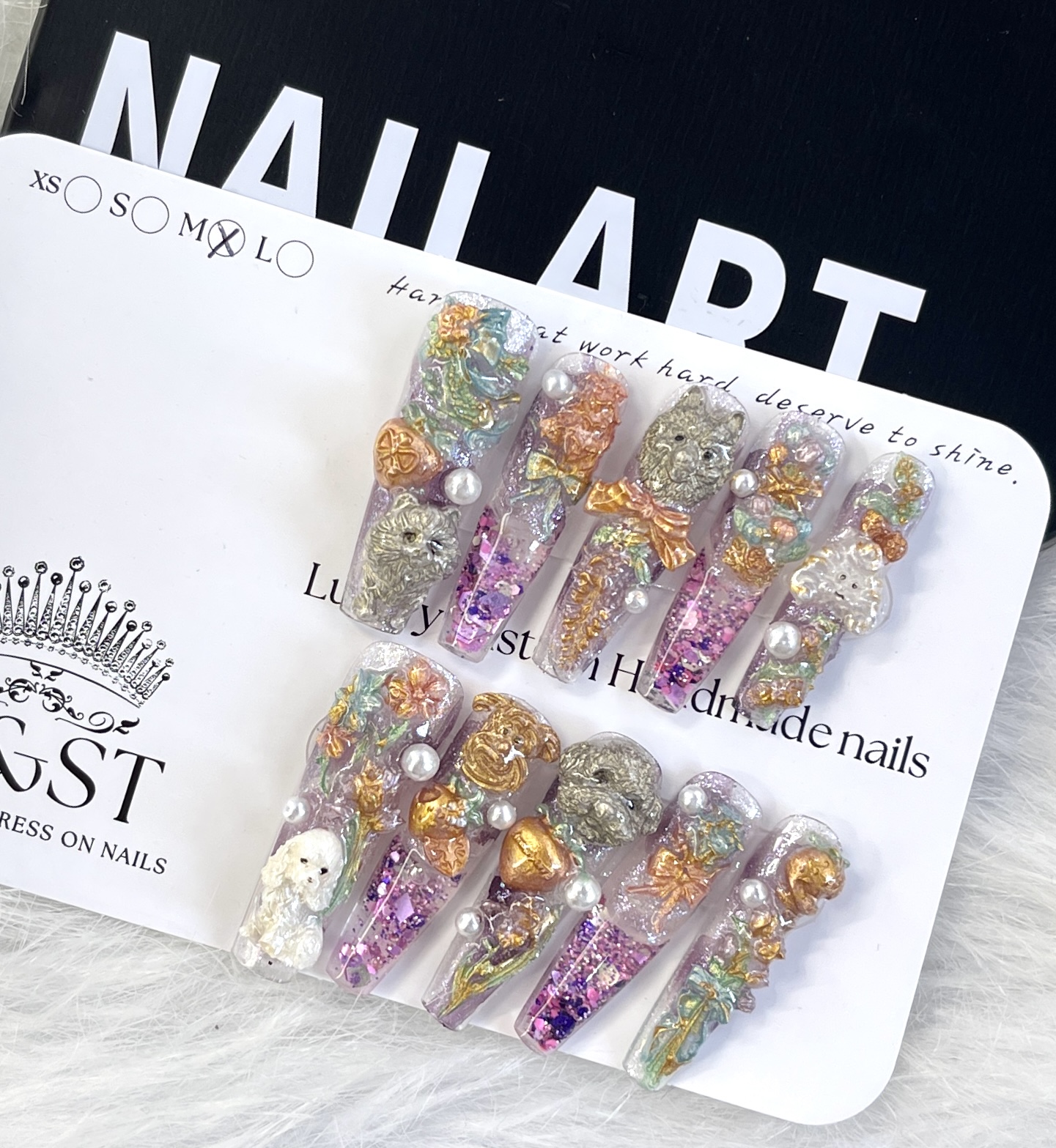 Pawtales in Lilac — 3D Puppy & Liquid Glitter Press-On Nails (Medium-Long Square)