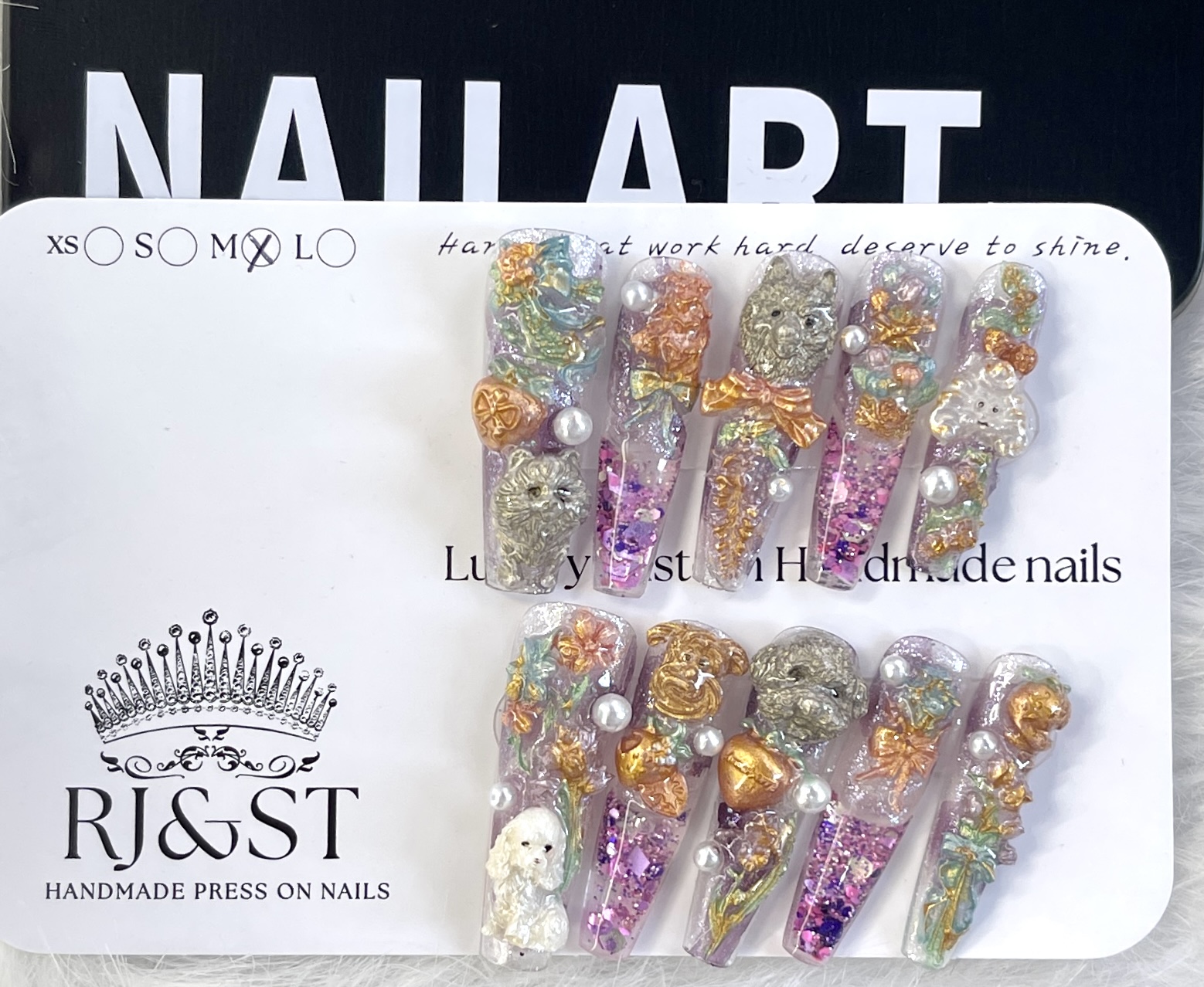 Pawtales in Lilac — 3D Puppy & Liquid Glitter Press-On Nails (Medium-Long Square)