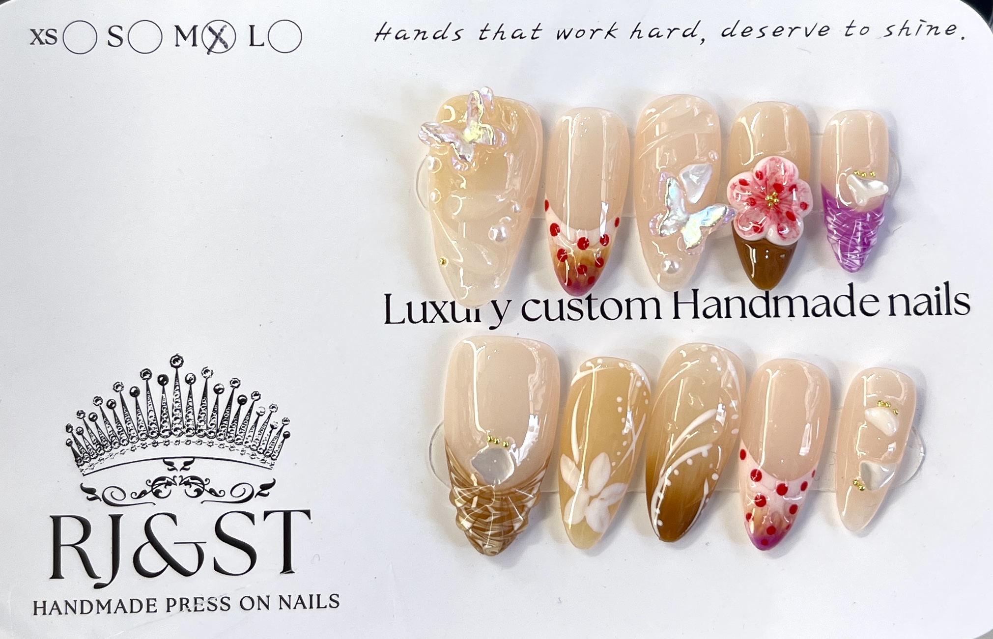 Muted Bloom — Floral Carving & Mother-of-Pearl Press-On Nails (short Almond)