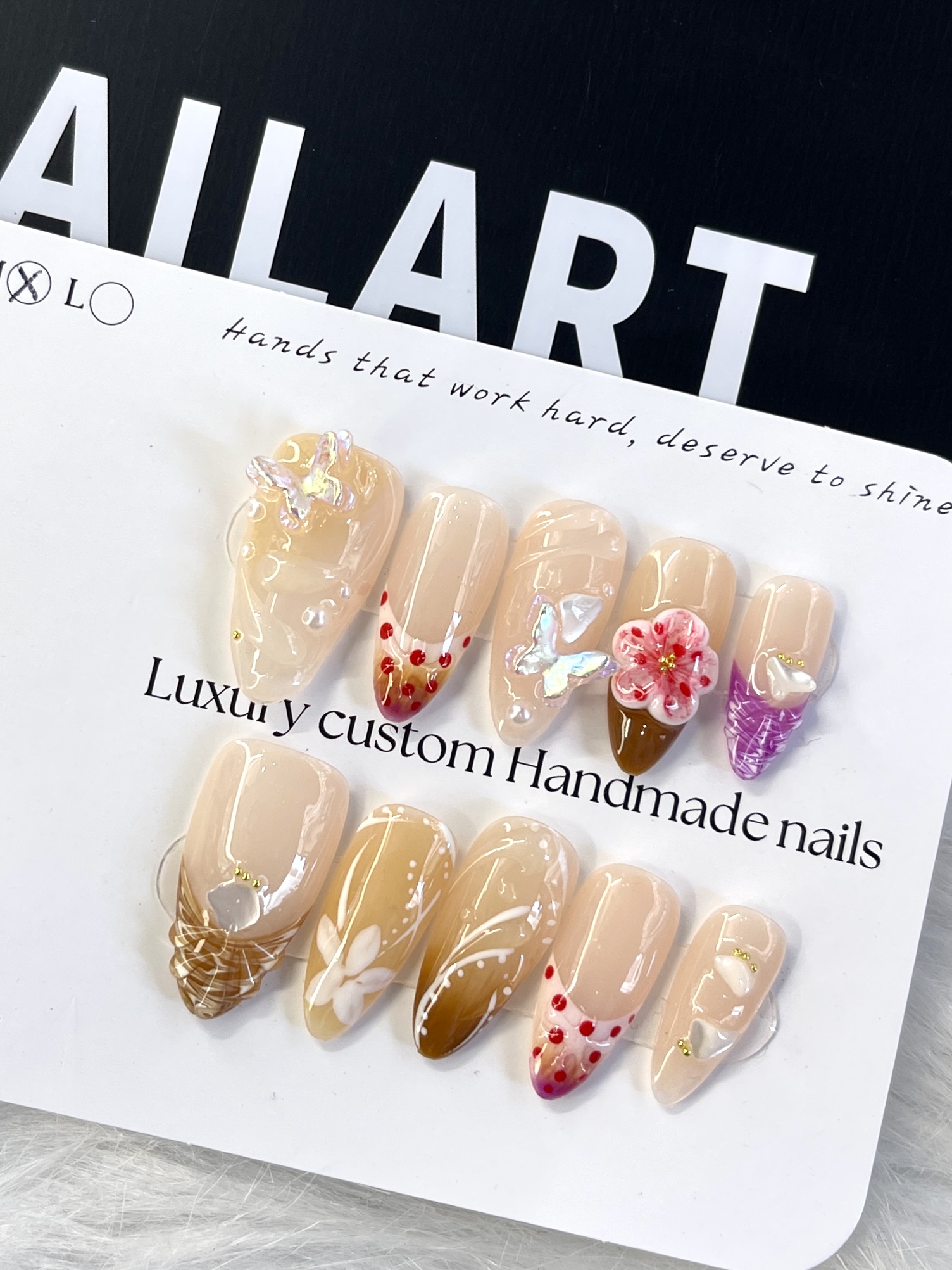 Muted Bloom — Floral Carving & Mother-of-Pearl Press-On Nails (short Almond)
