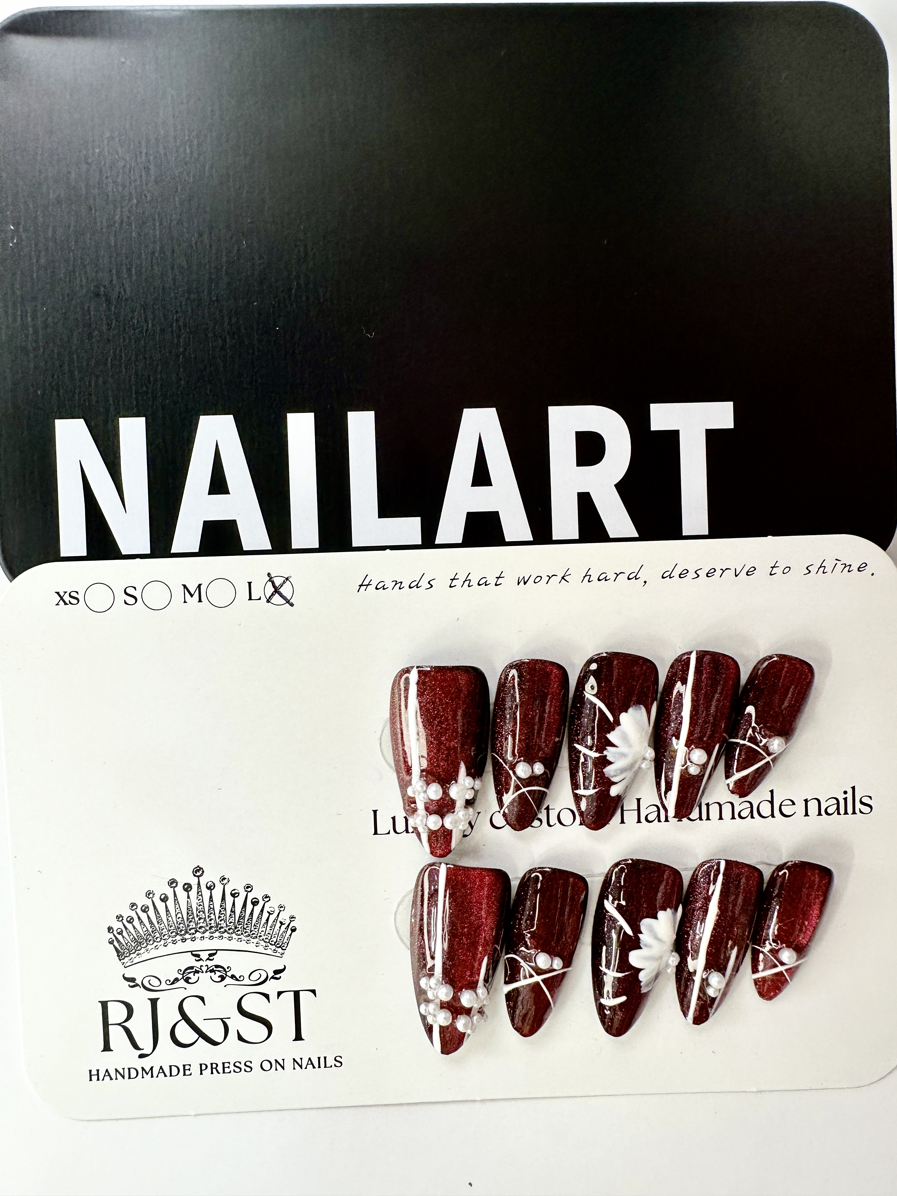 "Crimson Blossom" — Red Cat-Eye Base & White Hand-Painted Flower Press-On Nails