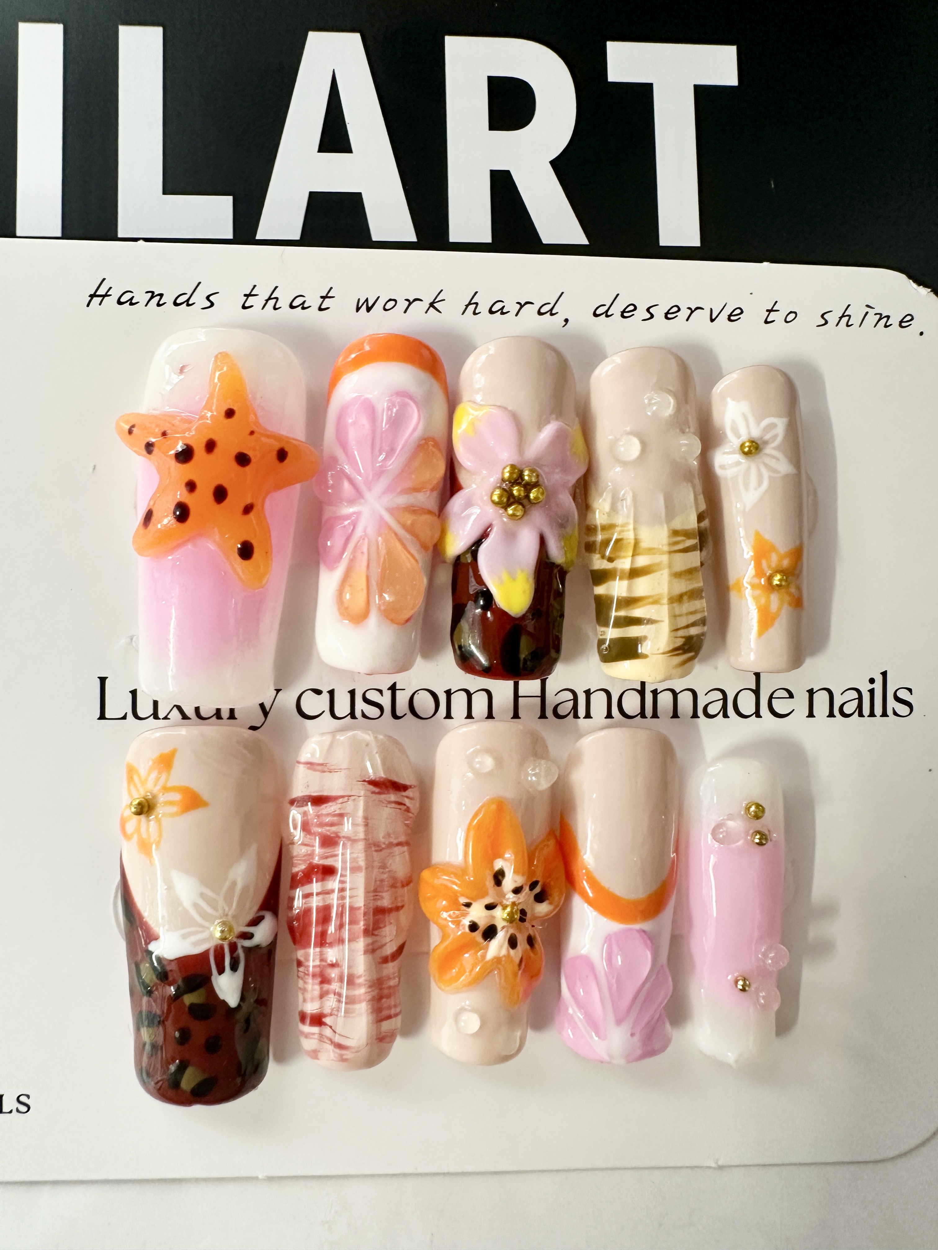 Stardrop on the Coral Shore | Original Ocean-Inspired 3D Press-On Nails – Starfish & Tropical Bloom Design