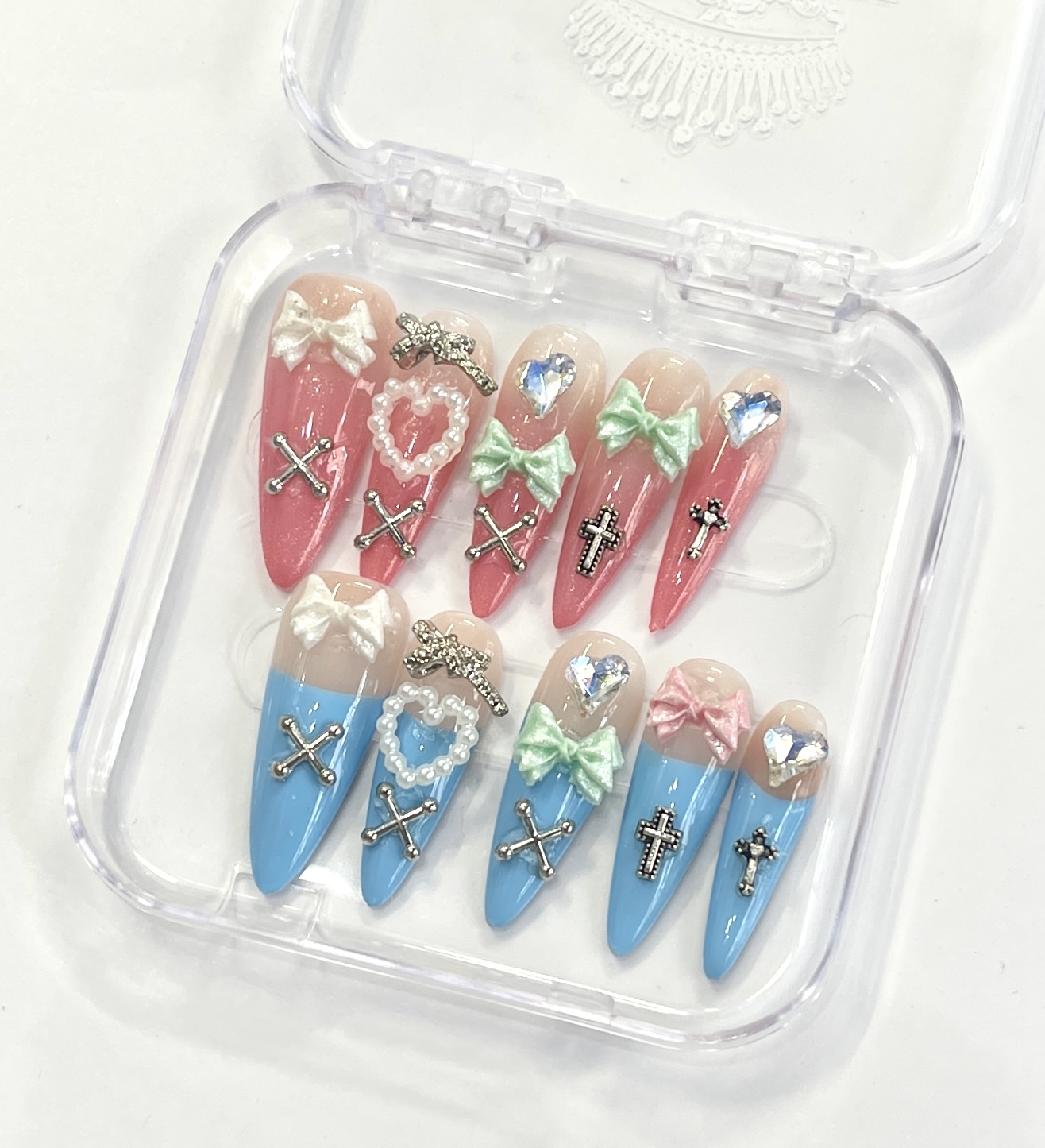 Gothic Sweetheart Press-On Nails – Pink & Blue Bow Cross Set