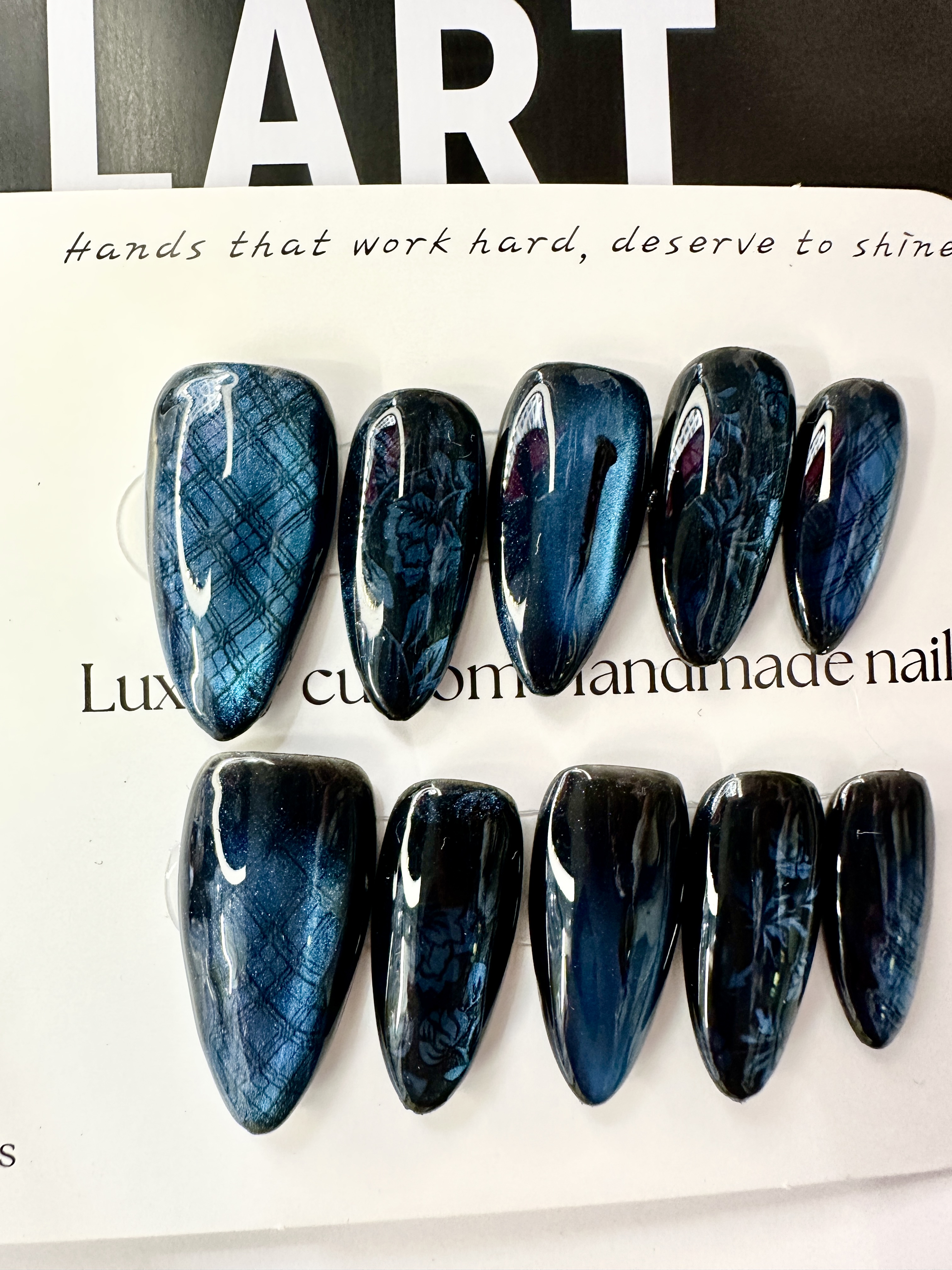 Midnight Rose · Blue Cat Eye Press On Nails with Hand-Painted Roses and Plaid Design