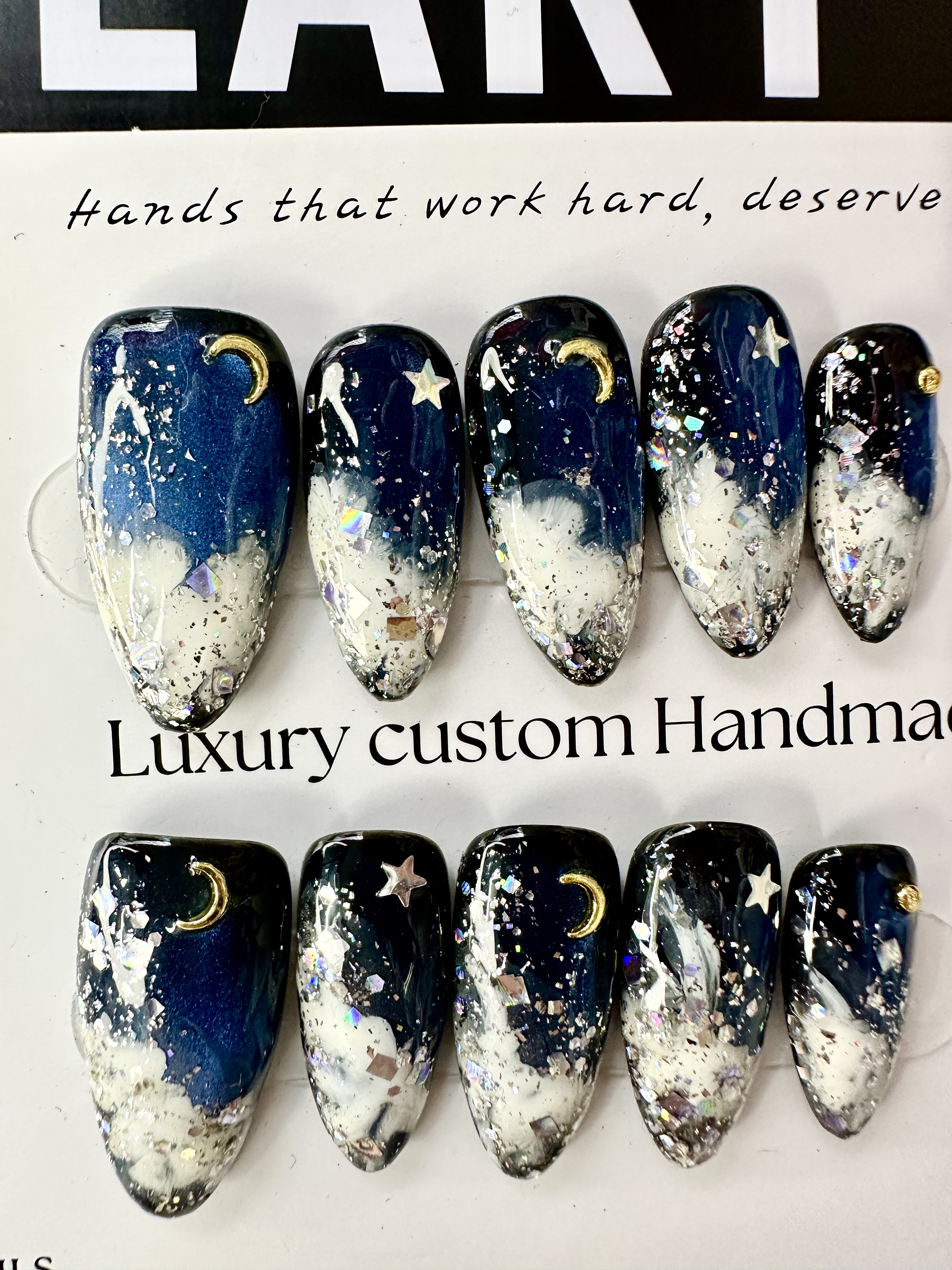 "Winter Night Whispers" — Blue Snow & Moon Hand-Painted Press-On Nails