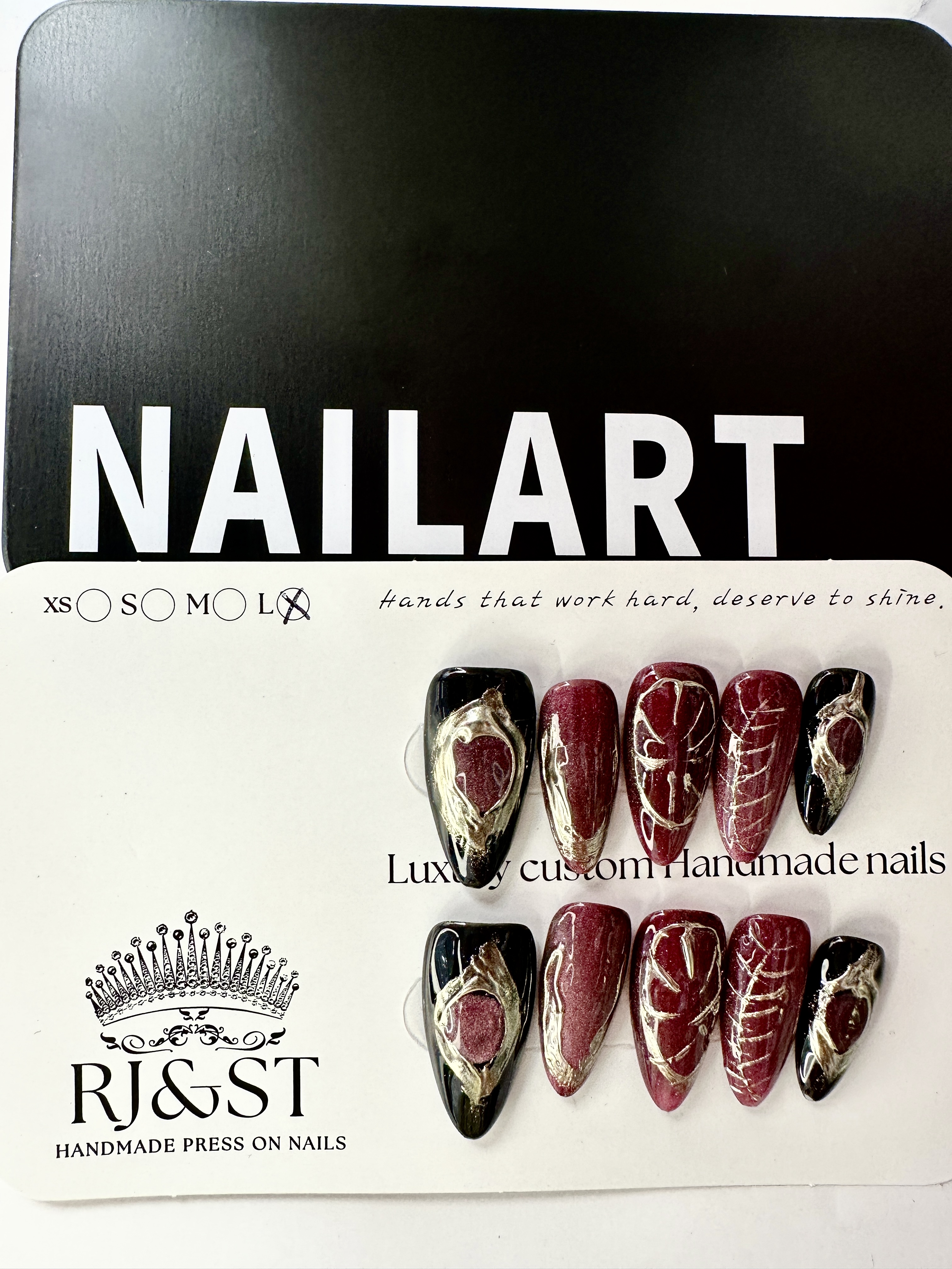 Royal Crimson · Burgundy Press On Nails with Golden Hand-Painted Luxury Design