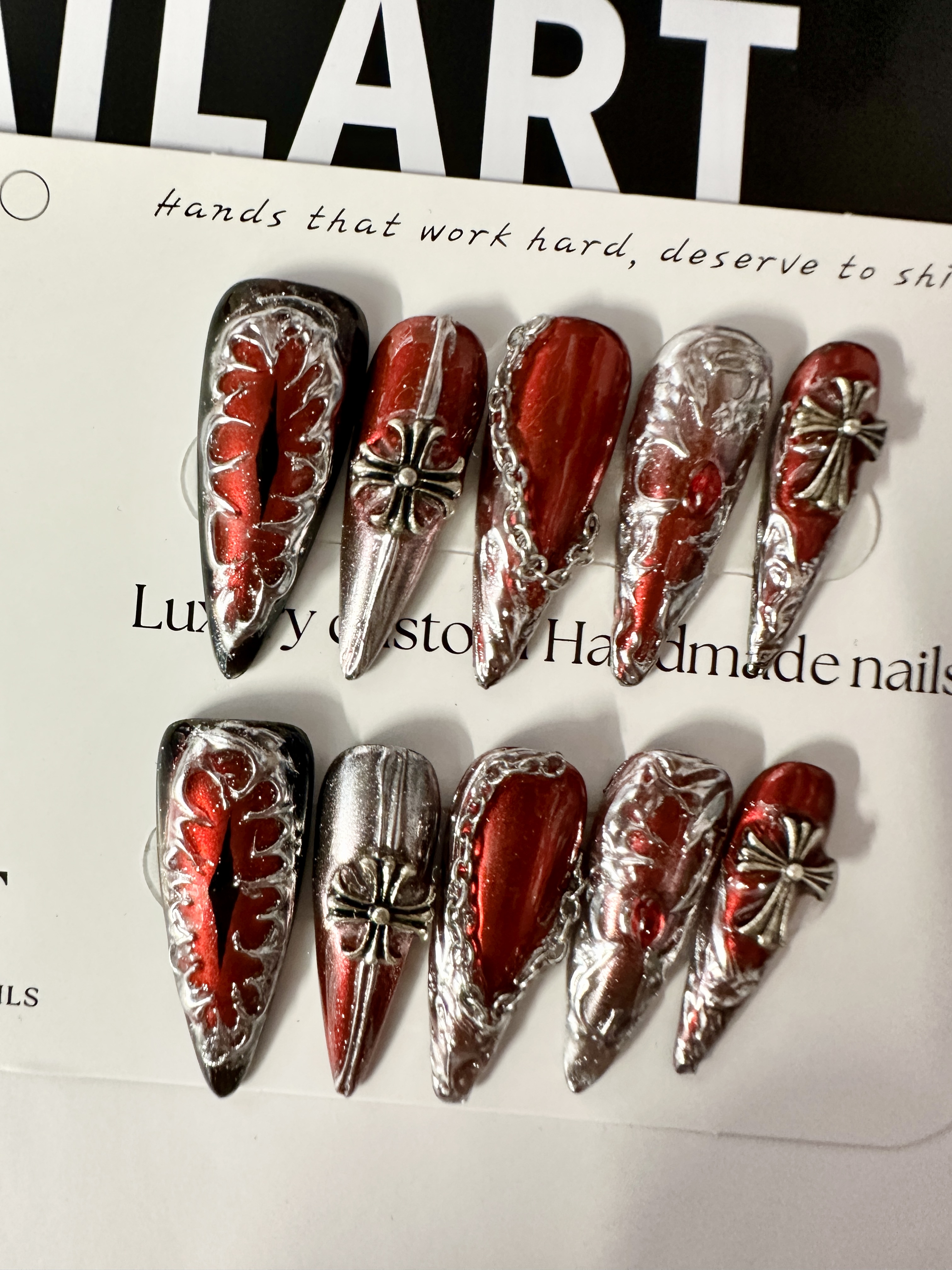 Crimson Knight · Long Gothic Armor Press On Nails | Handmade Nails