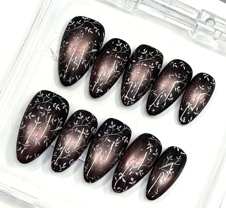 Wine Red Floral Press-On Nails with Silver Leaf Branch Design