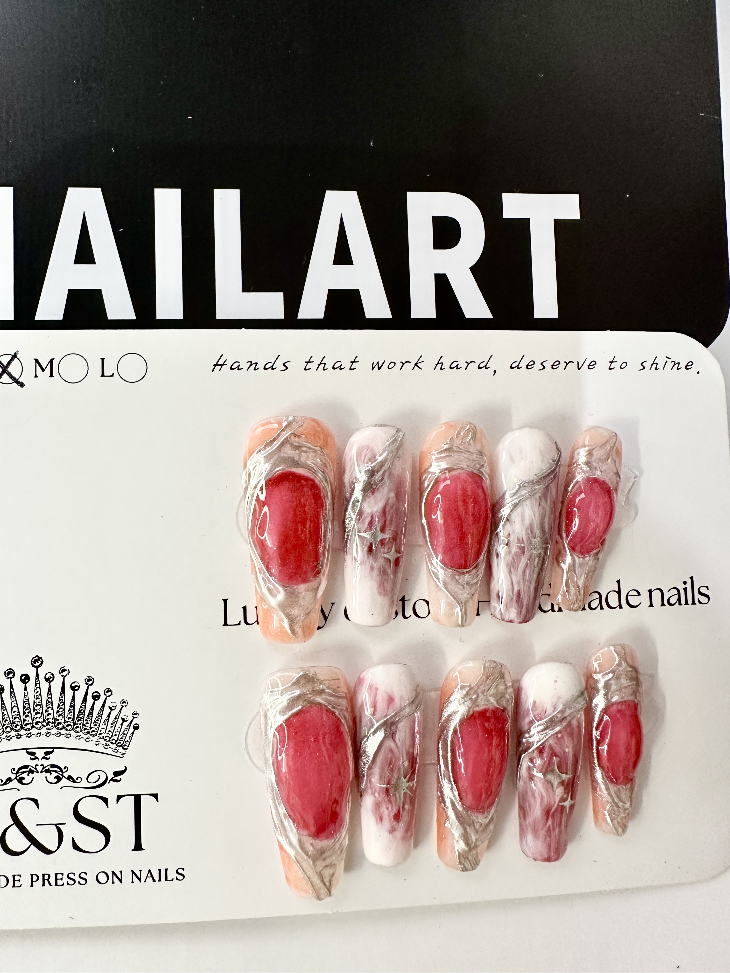 Peachy Stardust · Chinese Style Press On Nails with Red Accent & Silver Chrome Powder